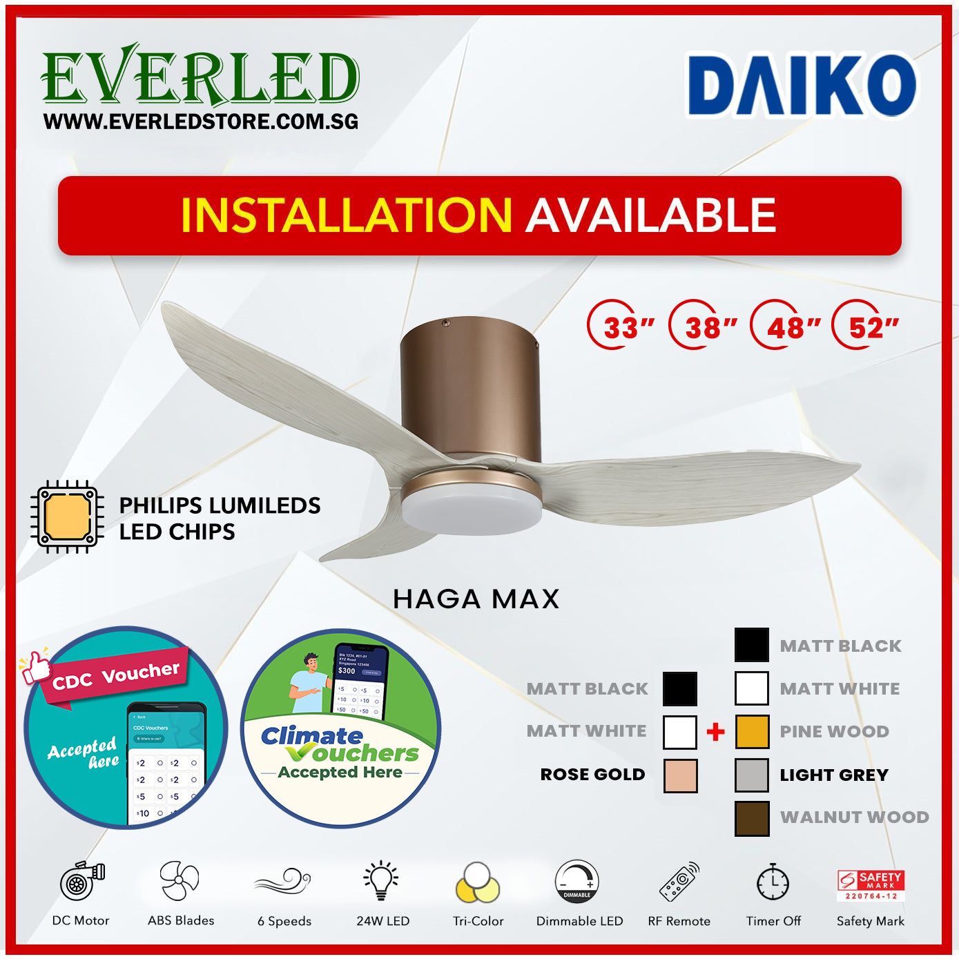 *FREE INSTALLATION* Daiko DC Haga Max 33"/38"/48"/52" with Tri-color LED (Inverter DC Fan) *CDC & Climate Voucher Accepted In Showroom*