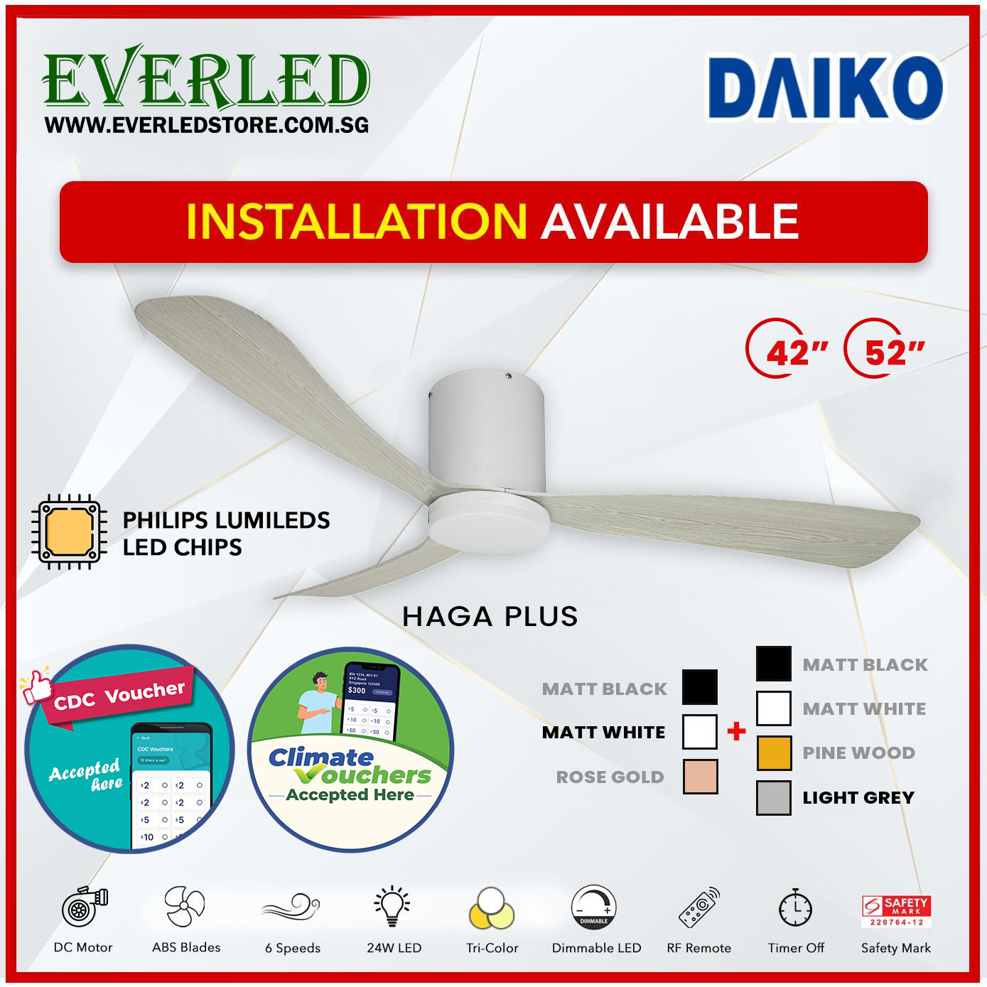 *FREE INSTALLATION* Daiko DC Haga Plus 42"/52" with Tri-color LED (Inverter DC Fan) *CDC & Climate Voucher Accepted In Showroom*