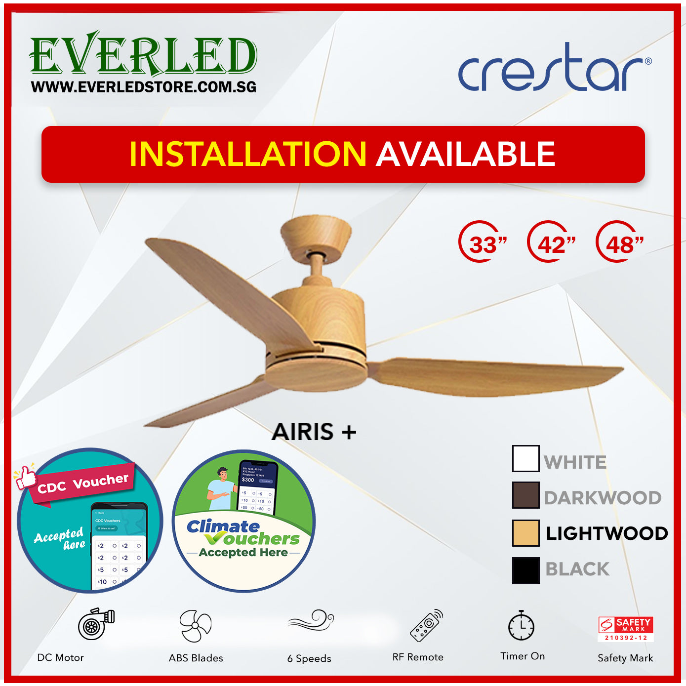 *STANDARD INSTALLATION* Crestar DC Airis+ 3B 33"/42"/48" - With / WO Light (Inverter DC Fan) *CDC & Climate Voucher Accepted In Showroom*