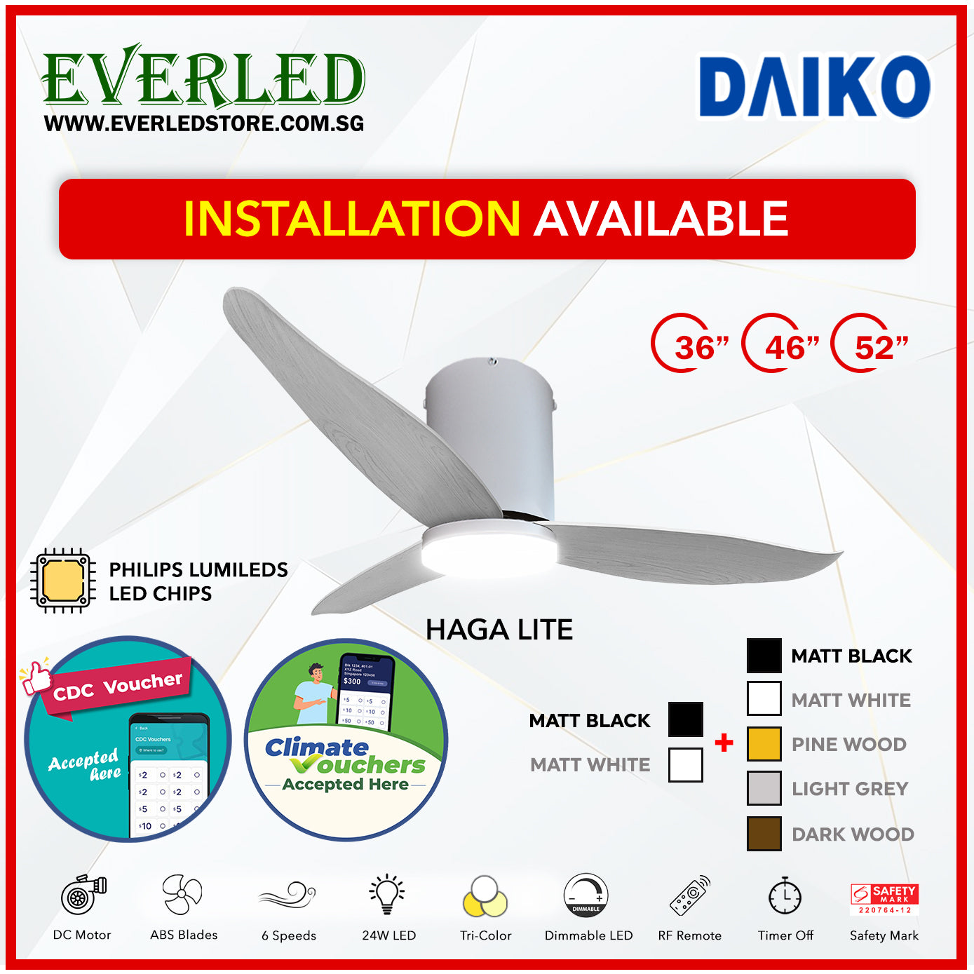 *FREE INSTALLATION* Daiko DC Haga Lite 36"/46"/52" with Tri-color LED (Inverter DC Fan) *CDC & Climate Voucher Accepted In Showroom*