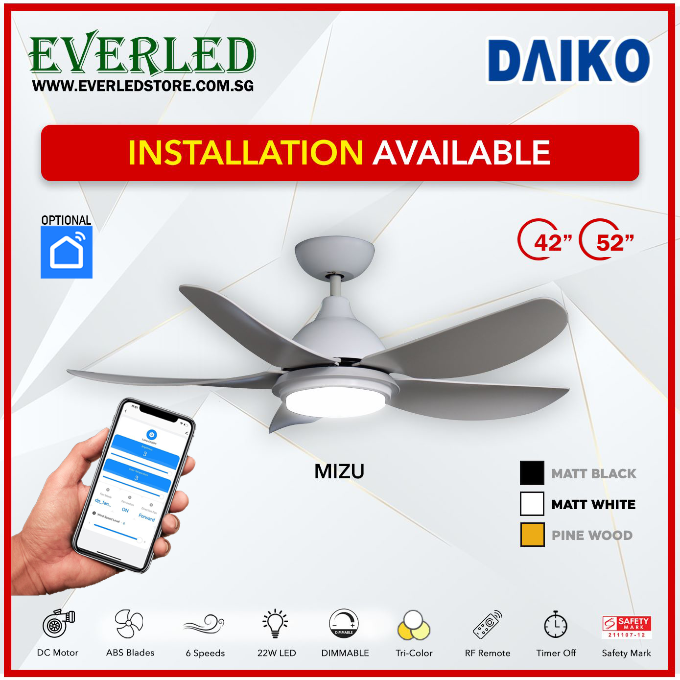 *FREE STANDARD INSTALLATION* Daiko DC Mizu 42"/52" with Dimmable Tri-color LED (Inverter DC Fan) *CDC & Climate Voucher Accepted In Showroom*