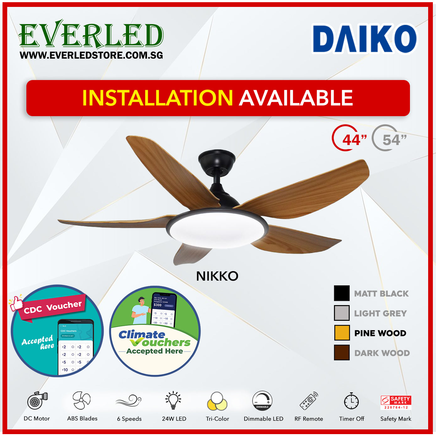 *FREE STANDARD INSTALLATION* Daiko DC Nikko5 44" with Tri-color LED (Inverter DC Fan) *CDC & Climate Voucher Accepted In Showroom*