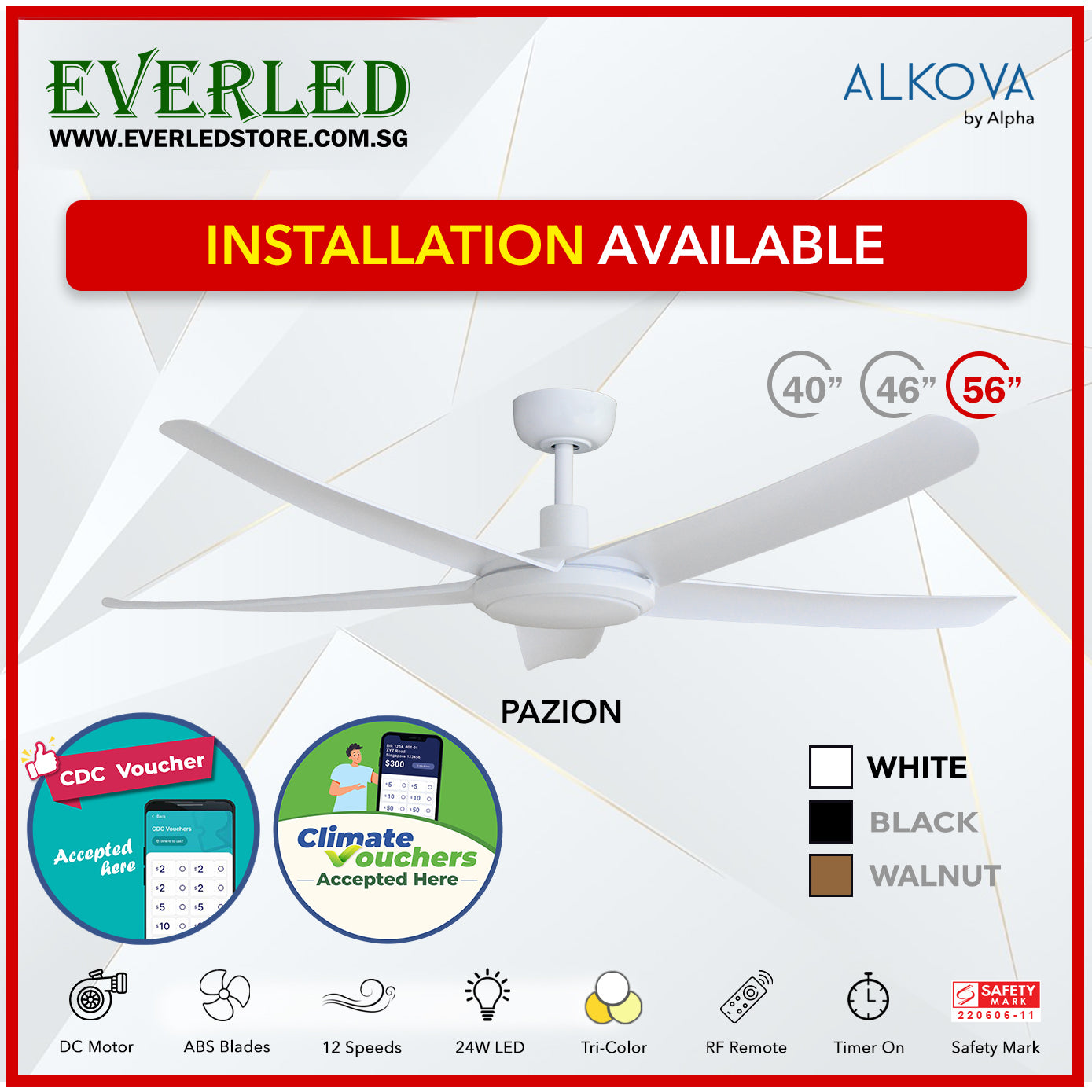 *STANDARD INSTALLATION* Alpha DC Pazion 40/46/56" with Tri-colour LED (Inverter DC fan) *CDC & Climate Voucher Accepted In Showroom*