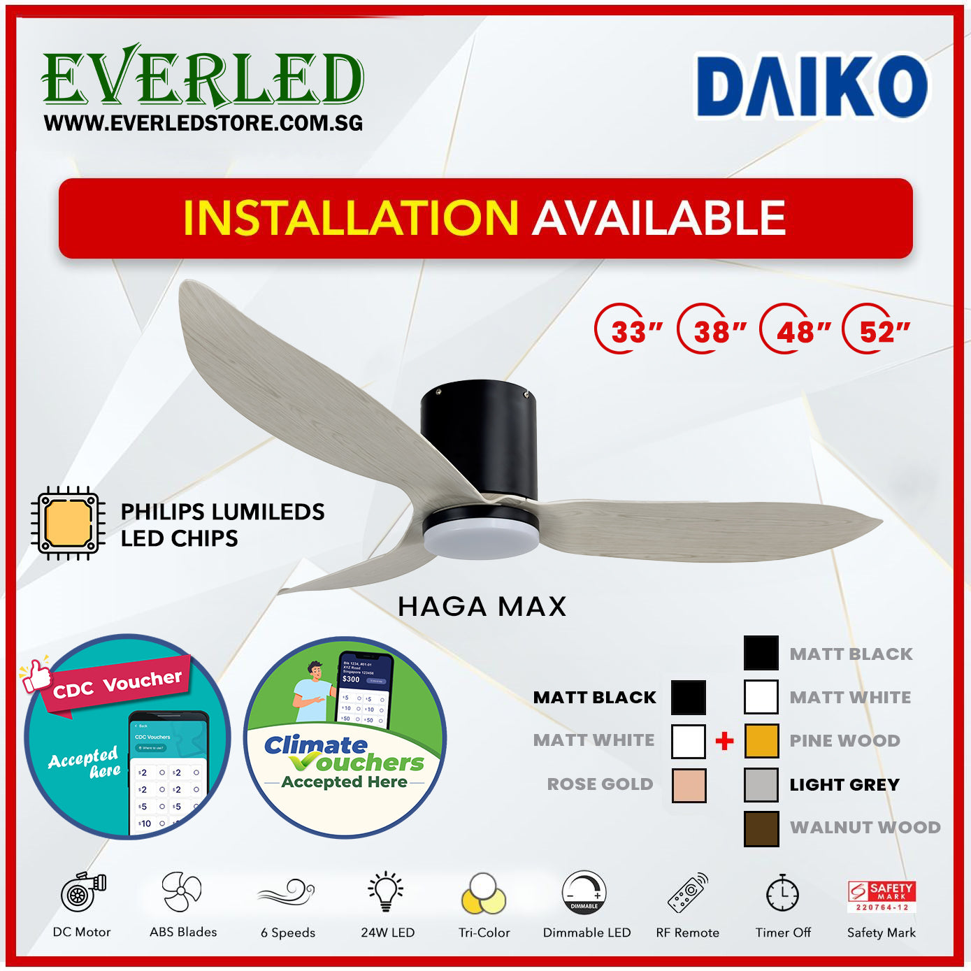*FREE INSTALLATION* Daiko DC Haga Max 33"/38"/48"/52"  with Tri-color LED (Inverter DC Fan) *CDC & Climate Voucher Accepted In Showroom*