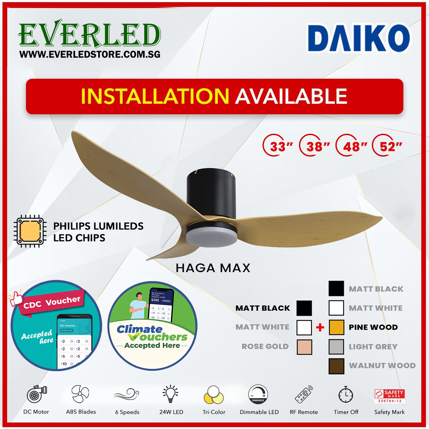 *FREE INSTALLATION* Daiko DC Haga Max 33"/38"/48"/52"  with Tri-color LED (Inverter DC Fan) *CDC & Climate Voucher Accepted In Showroom*
