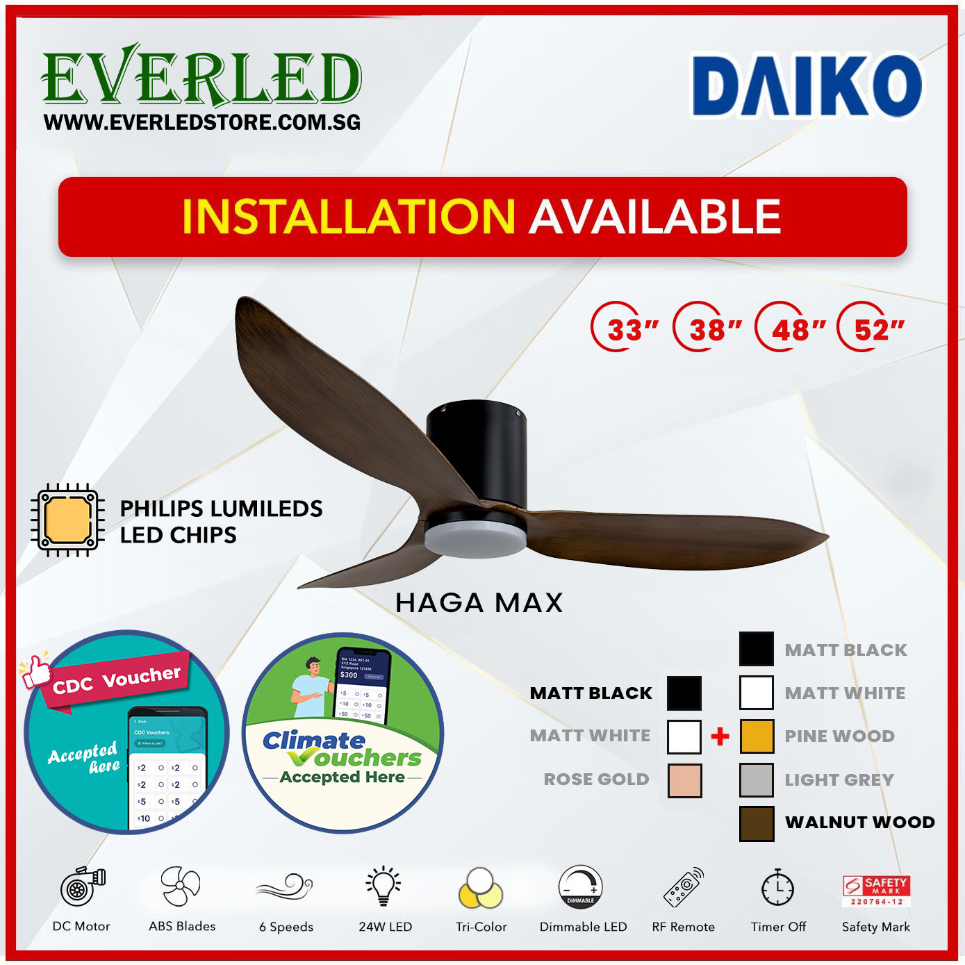 *FREE INSTALLATION* Daiko DC Haga Max 33"/38"/48"/52"  with Tri-color LED (Inverter DC Fan) *CDC & Climate Voucher Accepted In Showroom*