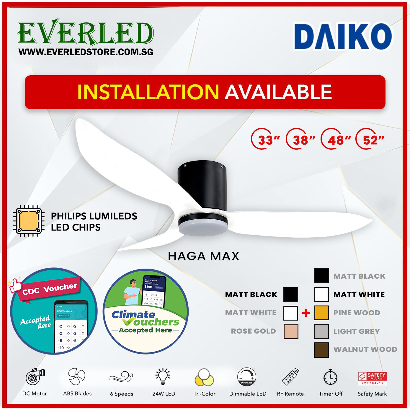 *FREE INSTALLATION* Daiko DC Haga Max 33"/38"/48"/52"  with Tri-color LED (Inverter DC Fan) *CDC & Climate Voucher Accepted In Showroom*