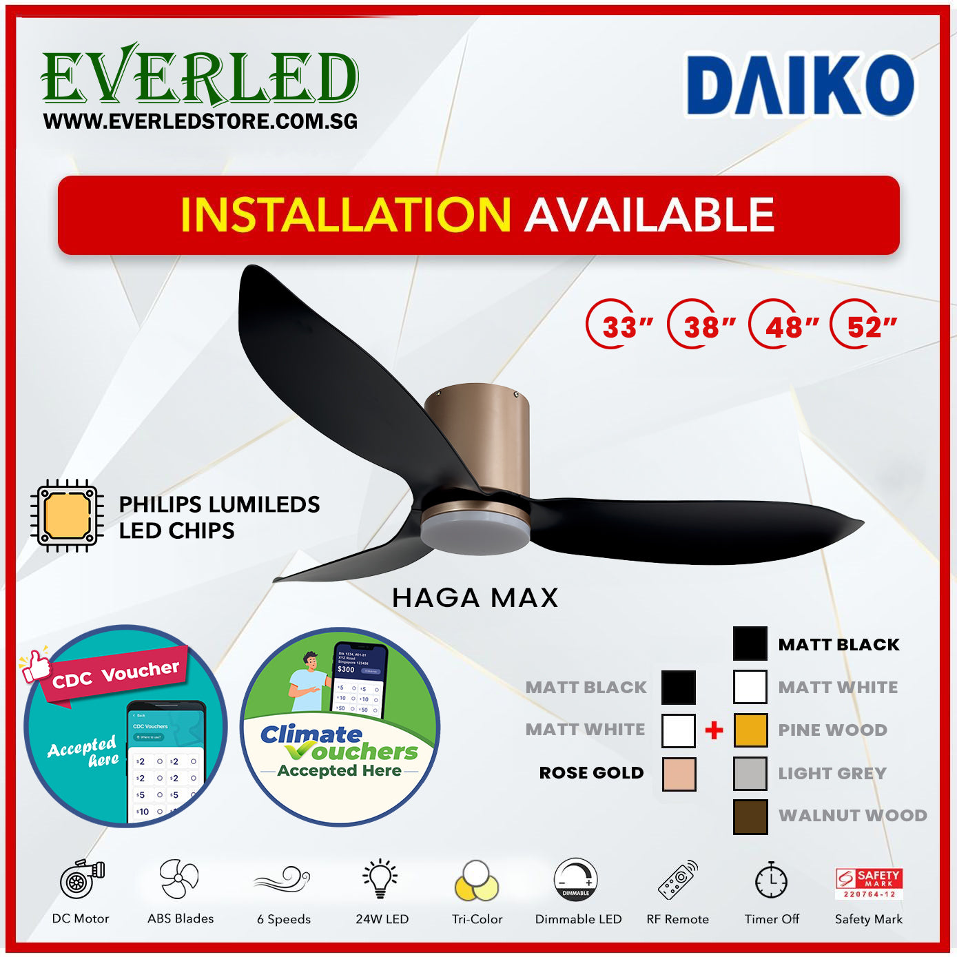 *FREE INSTALLATION* Daiko DC Haga Max 33"/38"/48"/52"  with Tri-color LED (Inverter DC Fan) *CDC & Climate Voucher Accepted In Showroom*