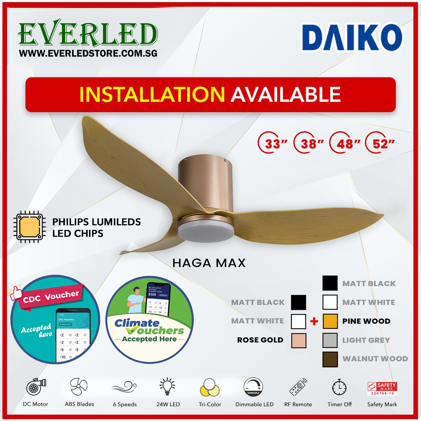 *FREE INSTALLATION* Daiko DC Haga Max 33"/38"/48"/52"  with Tri-color LED (Inverter DC Fan) *CDC & Climate Voucher Accepted In Showroom*