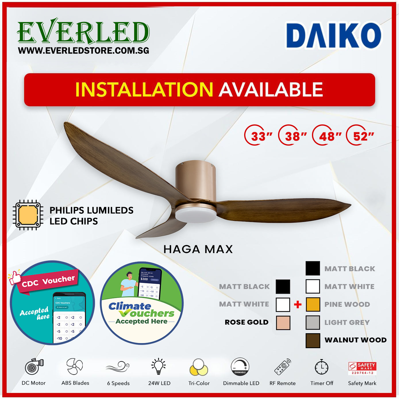 *FREE INSTALLATION* Daiko DC Haga Max 33"/38"/48"/52"  with Tri-color LED (Inverter DC Fan) *CDC & Climate Voucher Accepted In Showroom*
