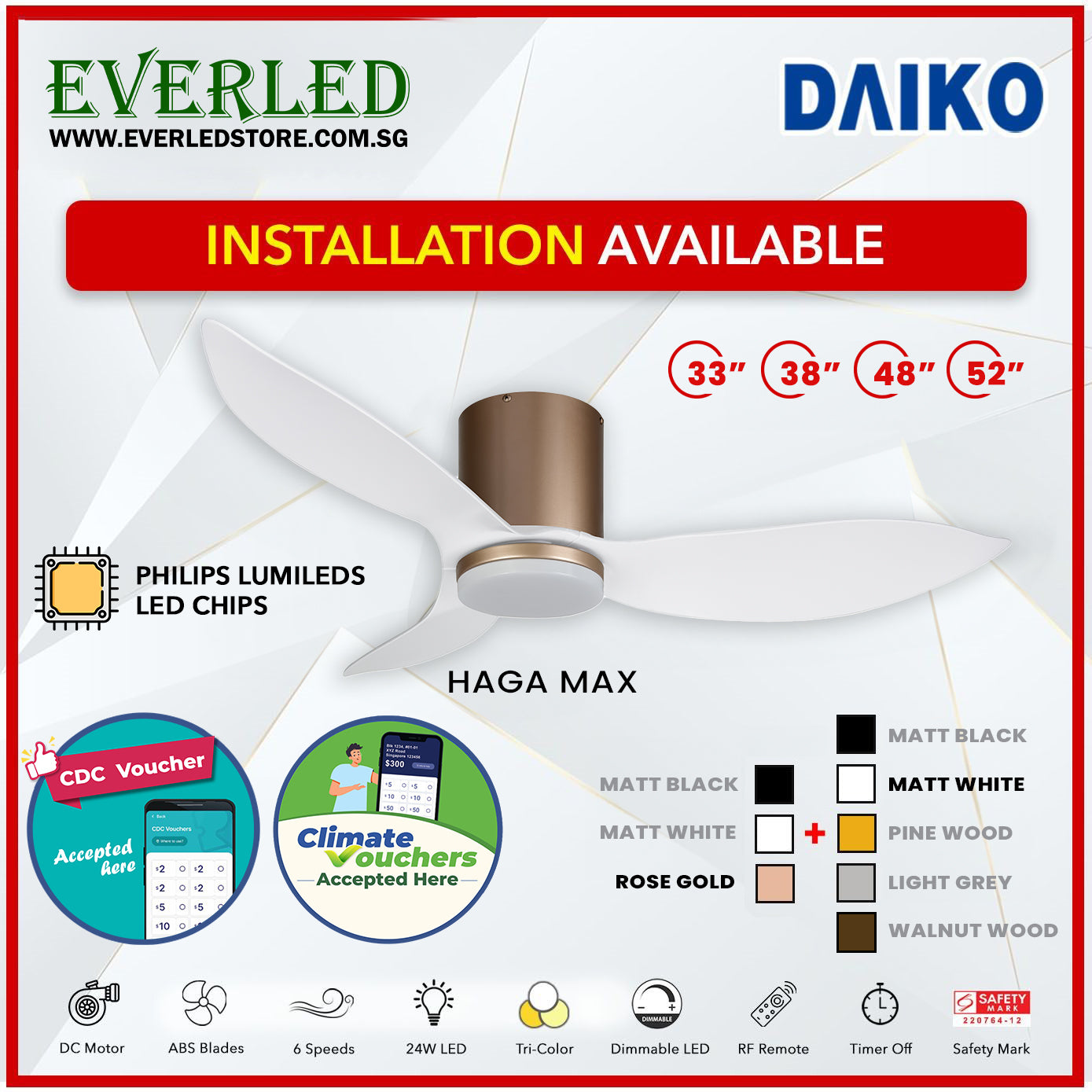 *FREE INSTALLATION* Daiko DC Haga Max 33"/38"/48"/52"  with Tri-color LED (Inverter DC Fan) *CDC & Climate Voucher Accepted In Showroom*