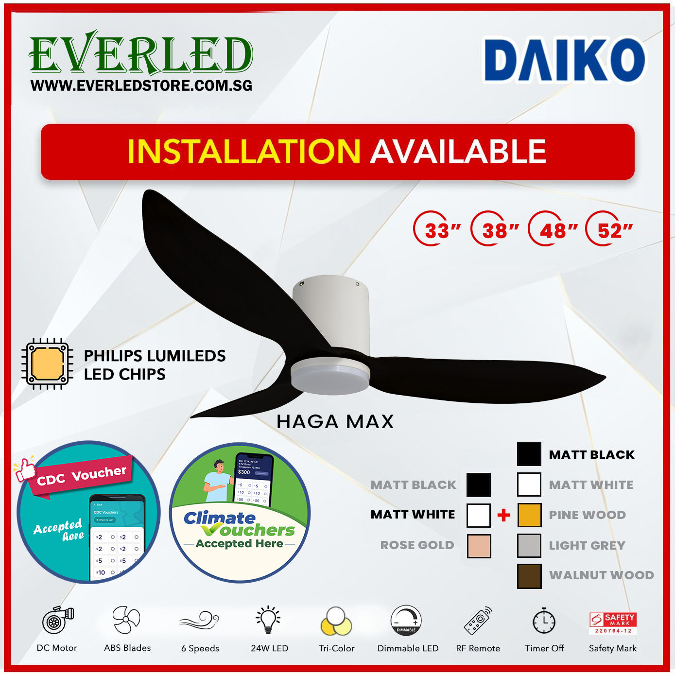 *FREE INSTALLATION* Daiko DC Haga Max 33"/38"/48"/52"  with Tri-color LED (Inverter DC Fan) *CDC & Climate Voucher Accepted In Showroom*