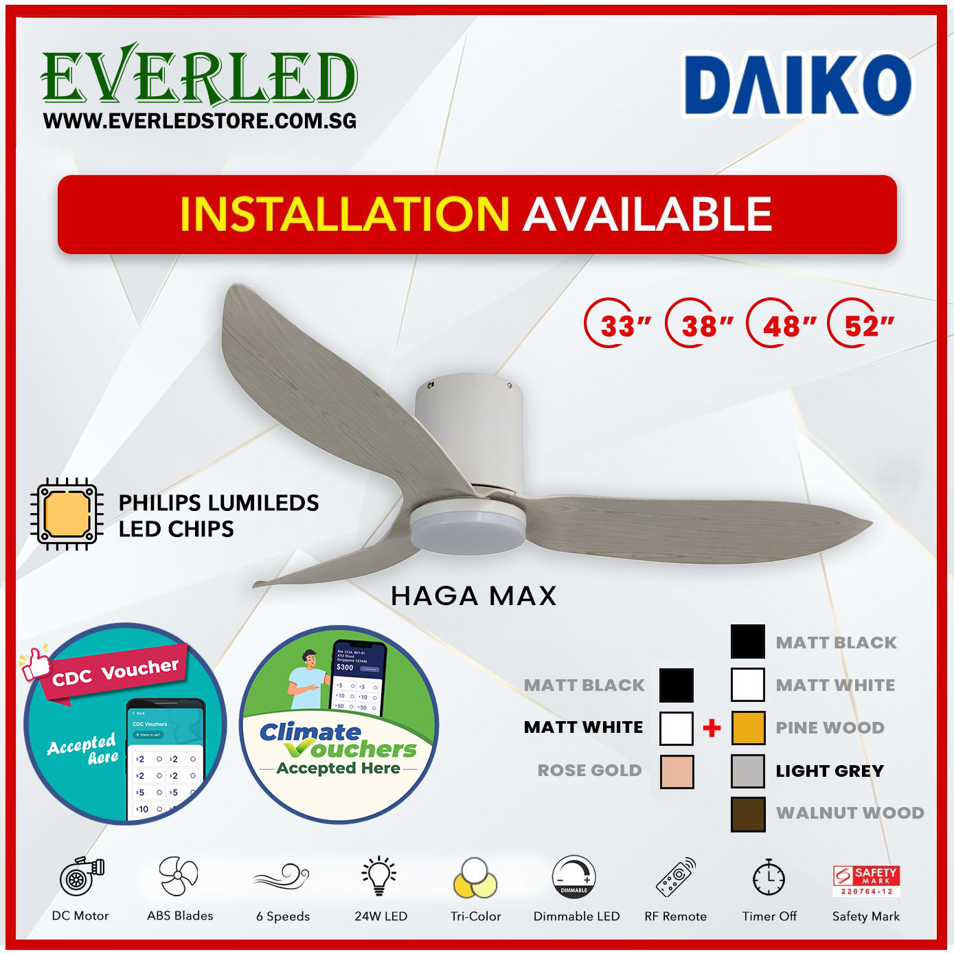 *FREE INSTALLATION* Daiko DC Haga Max 33"/38"/48"/52"  with Tri-color LED (Inverter DC Fan) *CDC & Climate Voucher Accepted In Showroom*