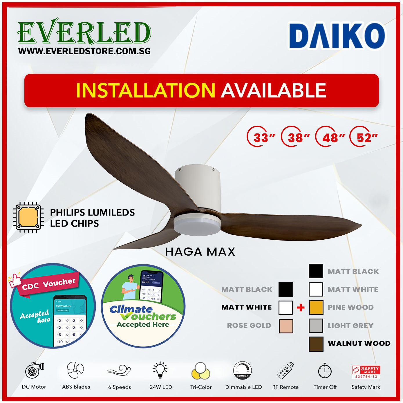 *FREE INSTALLATION* Daiko DC Haga Max 33"/38"/48"/52"  with Tri-color LED (Inverter DC Fan) *CDC & Climate Voucher Accepted In Showroom*