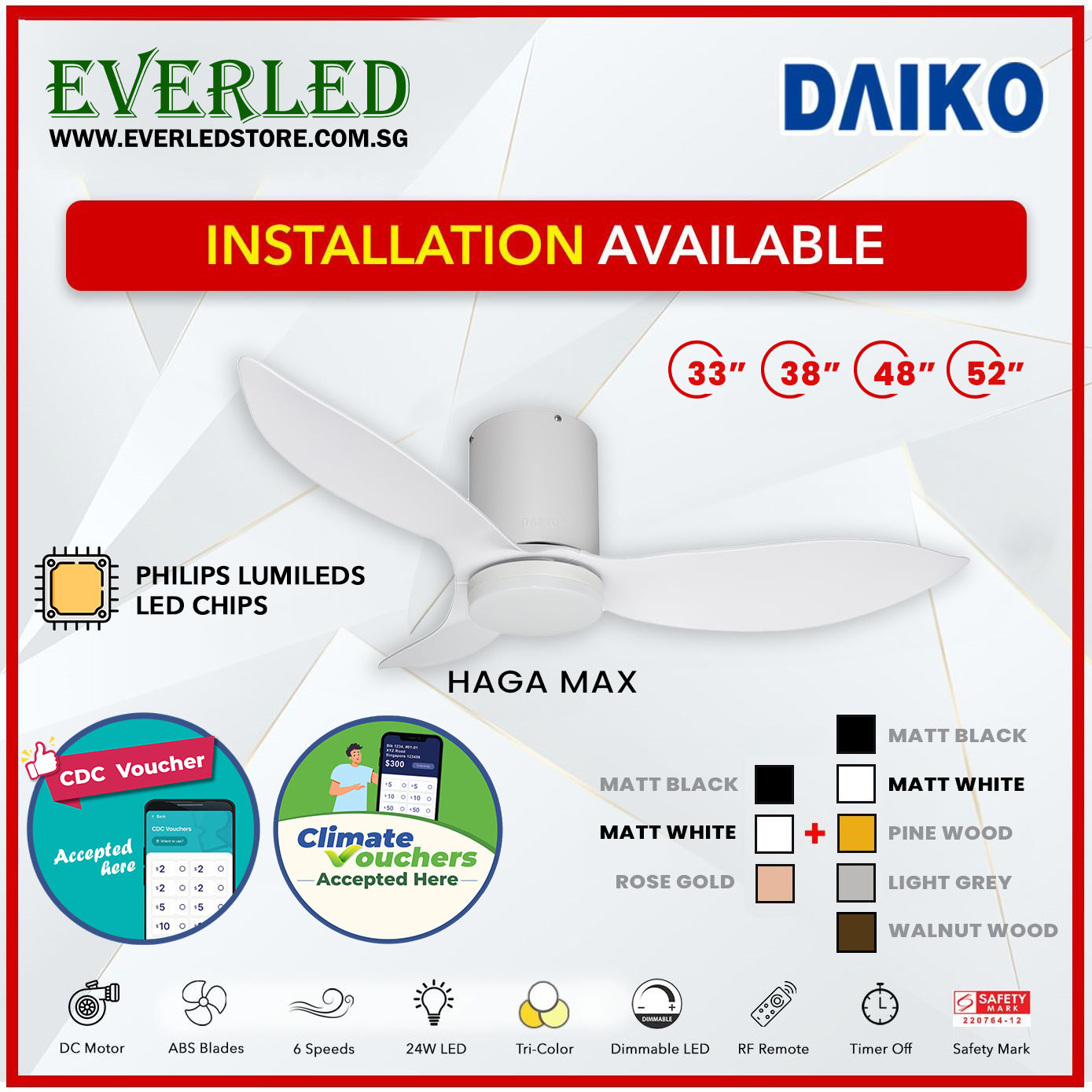 *FREE INSTALLATION* Daiko DC Haga Max 33"/38"/48"/52"  with Tri-color LED (Inverter DC Fan) *CDC & Climate Voucher Accepted In Showroom*