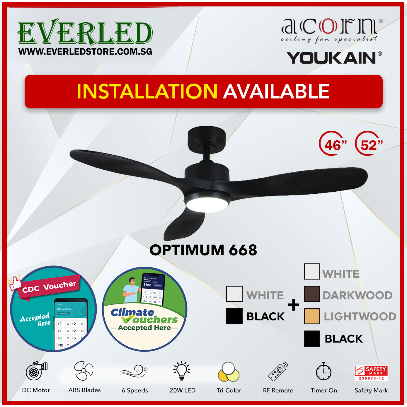 *SMART* Acorn (Youkain) *SMART DC INVERTER* Optimum 668 46"/52"  with Tri-color LED *CDC & Climate Voucher Accepted In Showroom*