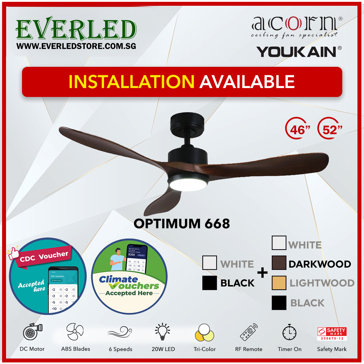 *SMART* Acorn (Youkain) *SMART DC INVERTER* Optimum 668 46"/52"  with Tri-color LED *CDC & Climate Voucher Accepted In Showroom*
