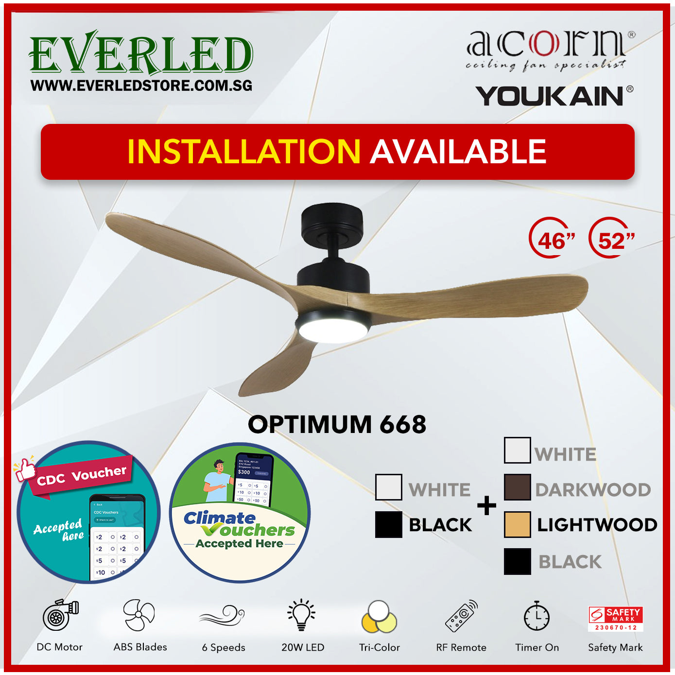 *SMART* Acorn (Youkain) *SMART DC INVERTER* Optimum 668 46"/52"  with Tri-color LED *CDC & Climate Voucher Accepted In Showroom*