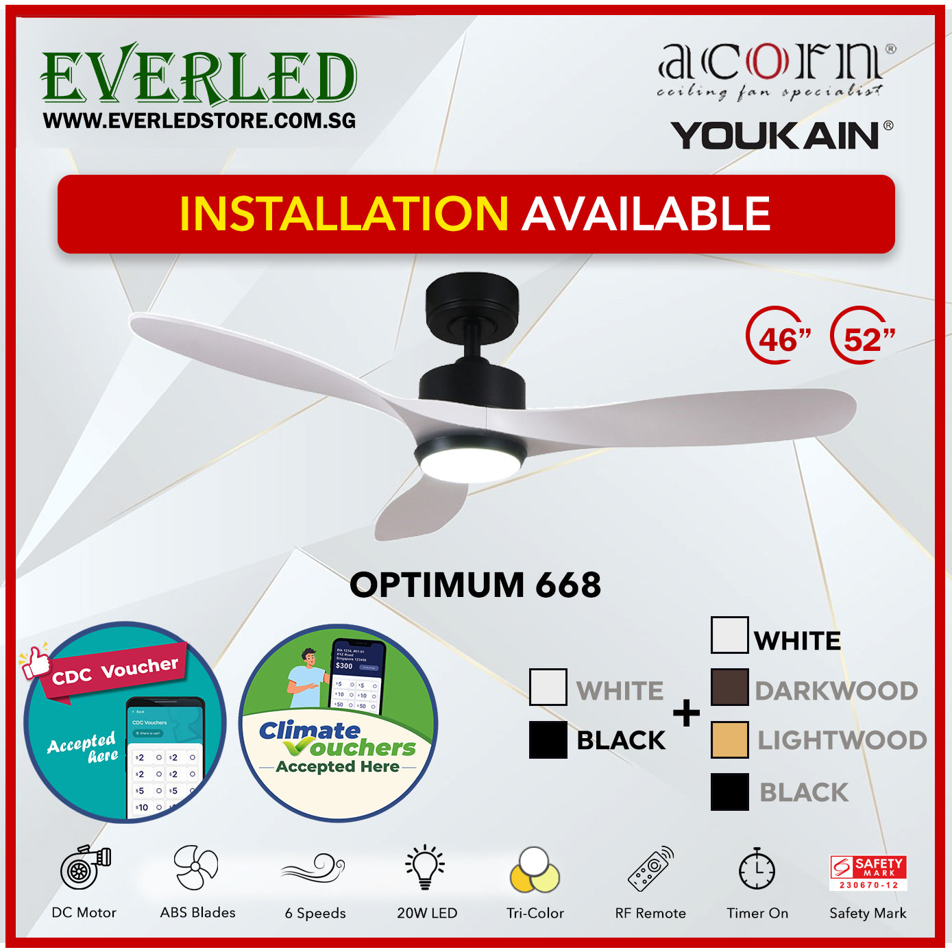 *SMART* Acorn (Youkain) *SMART DC INVERTER* Optimum 668 46"/52"  with Tri-color LED *CDC & Climate Voucher Accepted In Showroom*