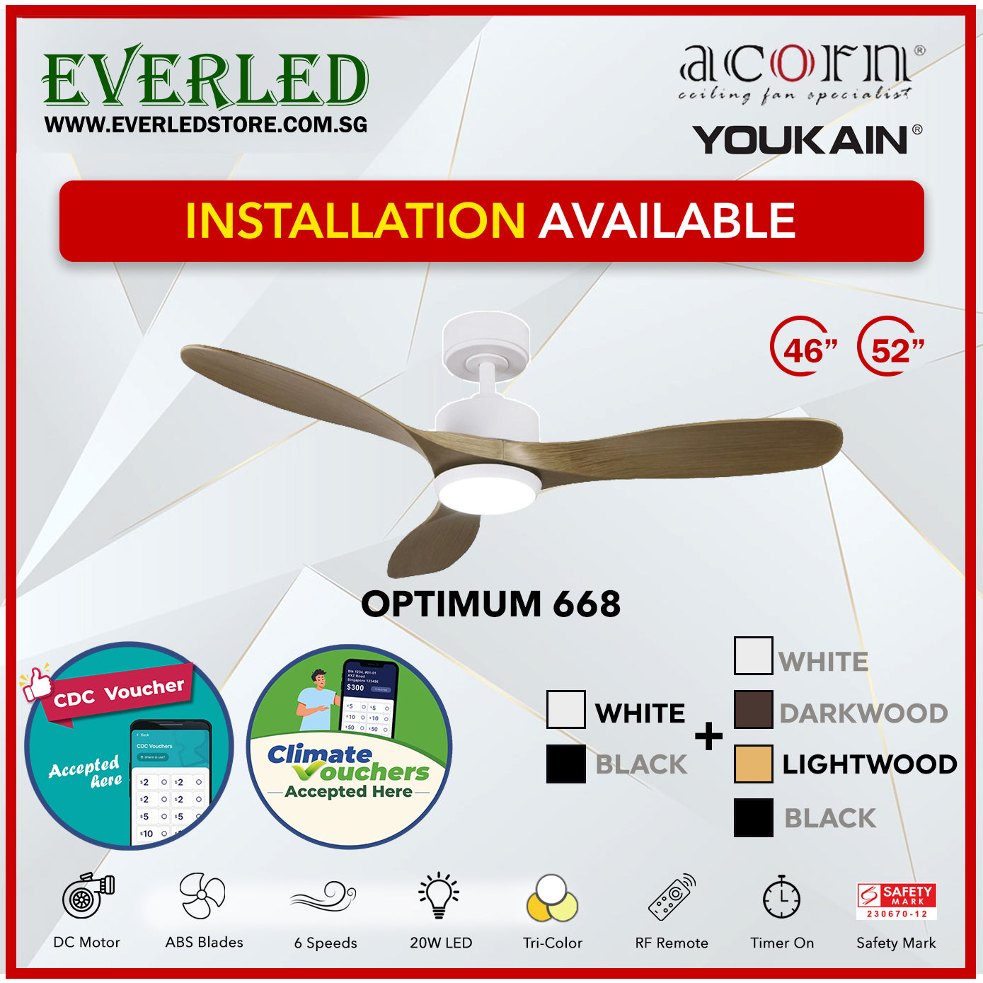 *SMART* Acorn (Youkain) *SMART DC INVERTER* Optimum 668 46"/52"  with Tri-color LED *CDC & Climate Voucher Accepted In Showroom*