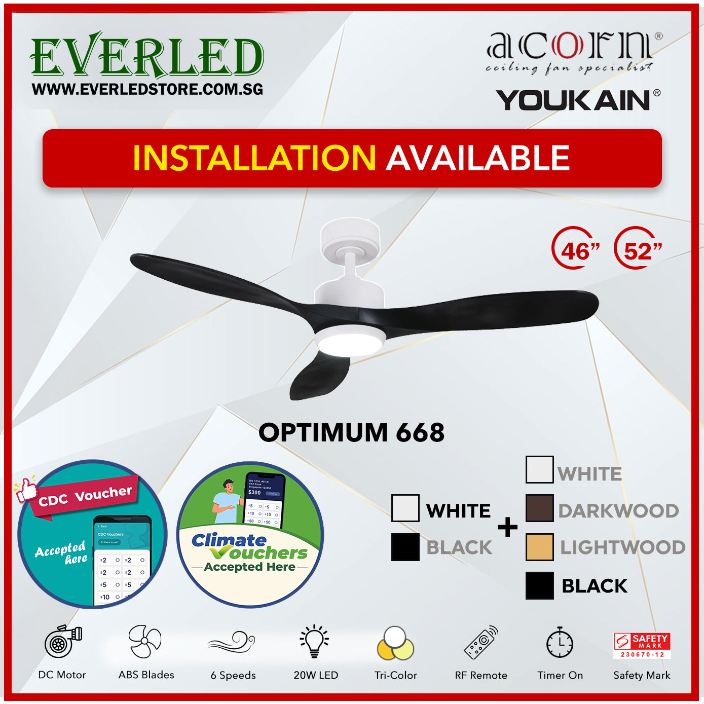 *SMART* Acorn (Youkain) *SMART DC INVERTER* Optimum 668 46"/52"  with Tri-color LED *CDC & Climate Voucher Accepted In Showroom*