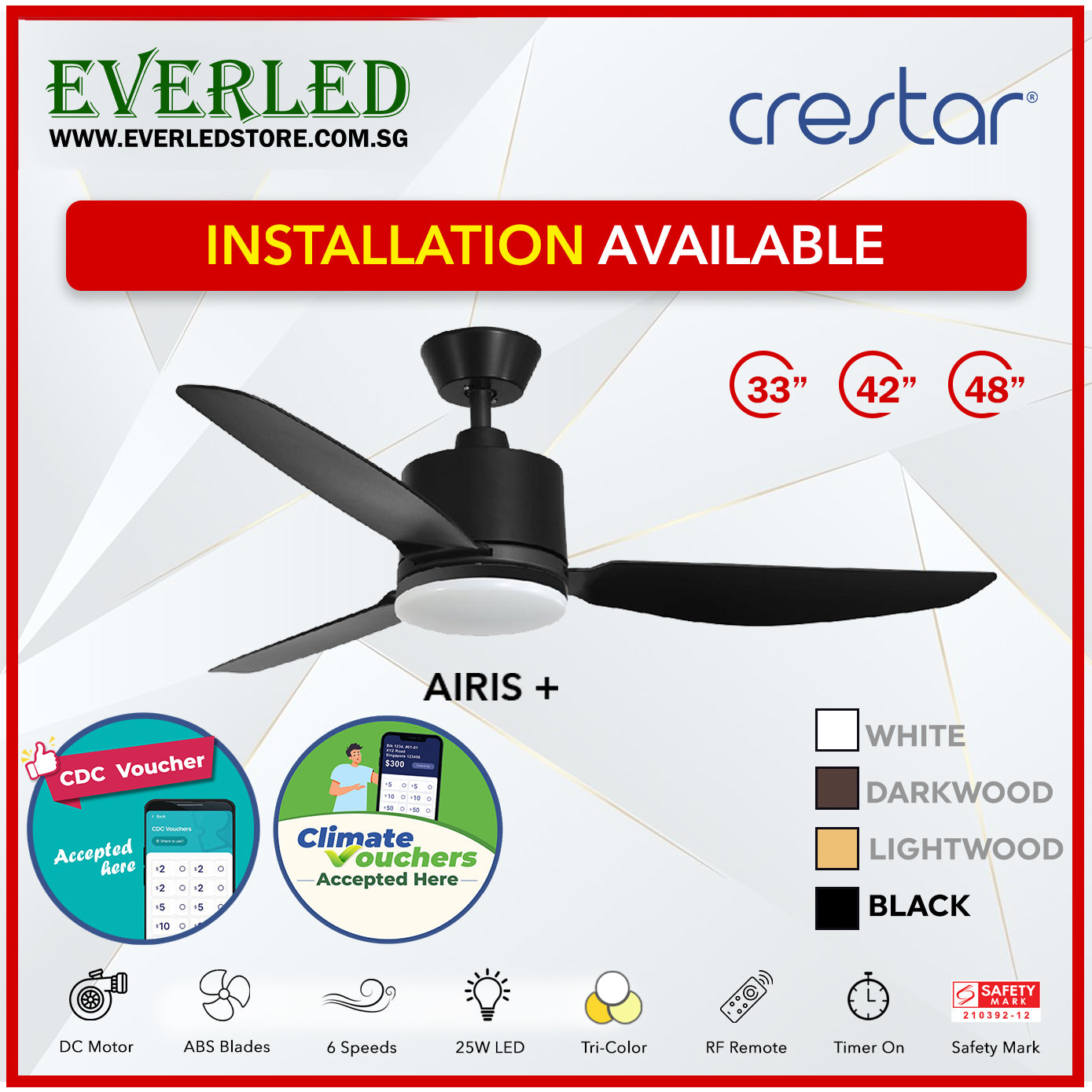 *STANDARD INSTALLATION* Crestar DC Airis+ 3B 33"/42"/48" - With / WO Light (Inverter DC Fan) *CDC & Climate Voucher Accepted In Showroom*