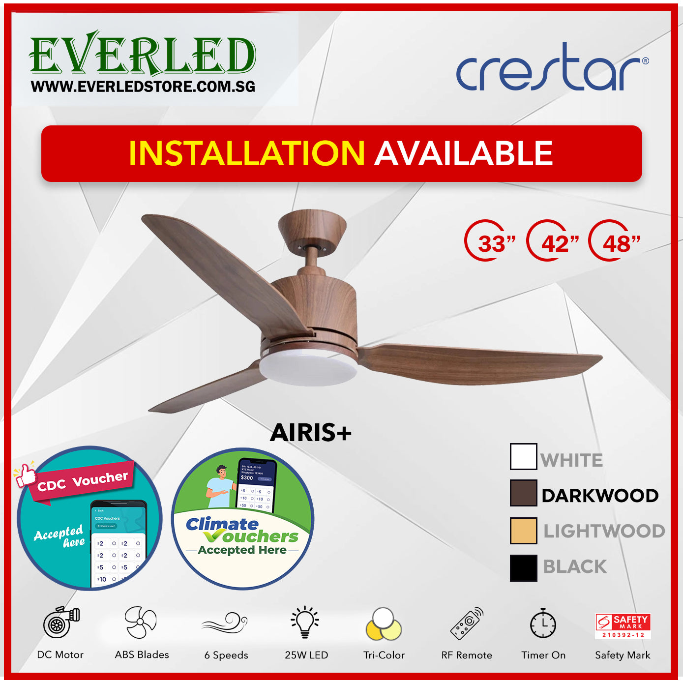 *STANDARD INSTALLATION* Crestar DC Airis+ 3B 33"/42"/48" - With / WO Light (Inverter DC Fan) *CDC & Climate Voucher Accepted In Showroom*