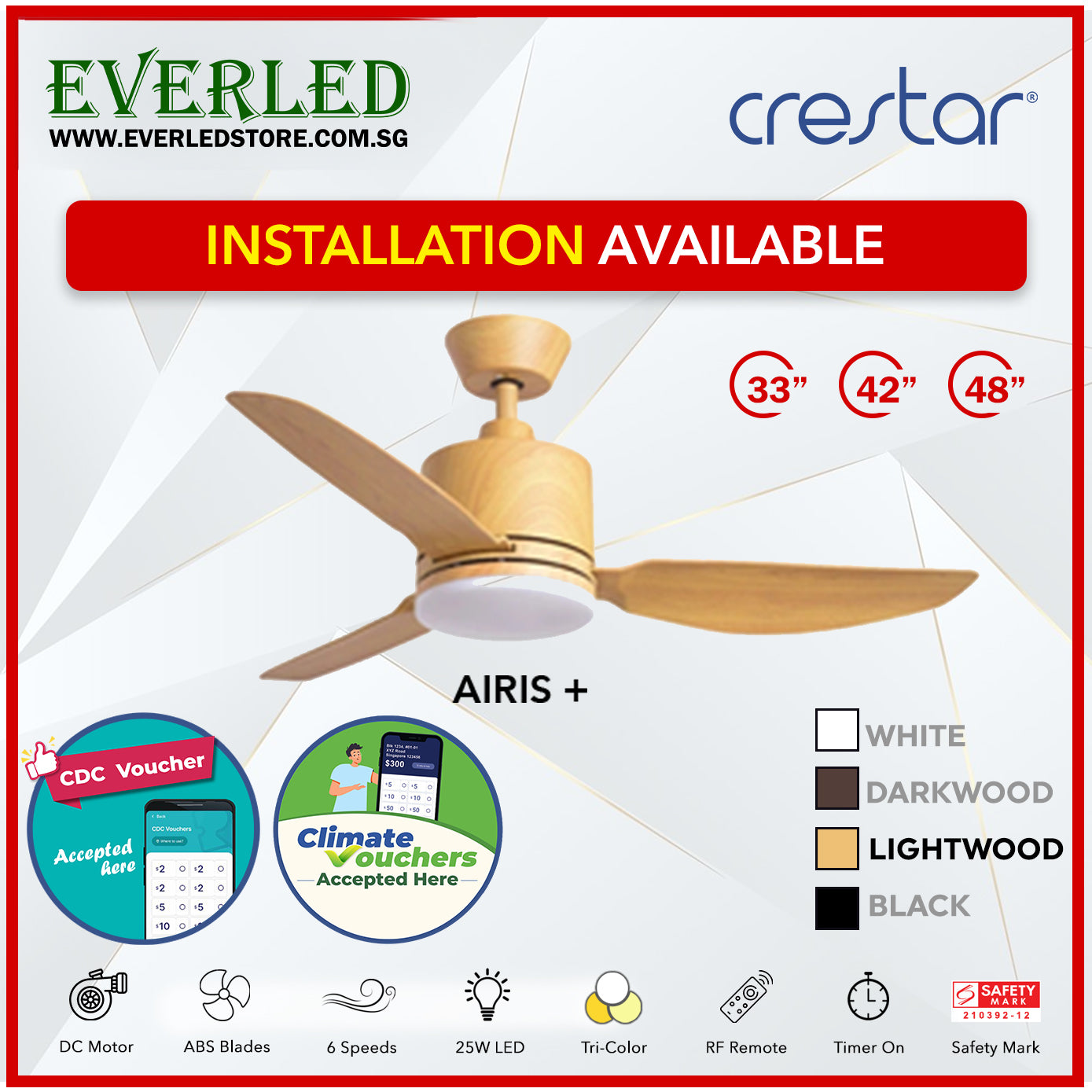 *STANDARD INSTALLATION* Crestar DC Airis+ 3B 33"/42"/48" - With / WO Light (Inverter DC Fan) *CDC & Climate Voucher Accepted In Showroom*