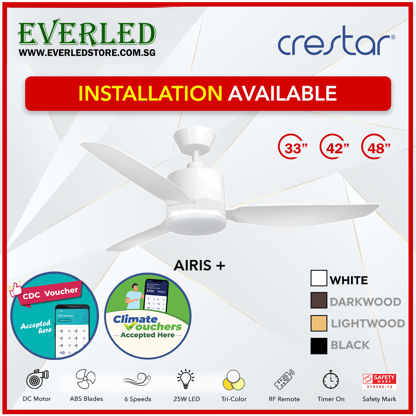 *STANDARD INSTALLATION* Crestar DC Airis+ 3B 33"/42"/48" - With / WO Light (Inverter DC Fan) *CDC & Climate Voucher Accepted In Showroom*