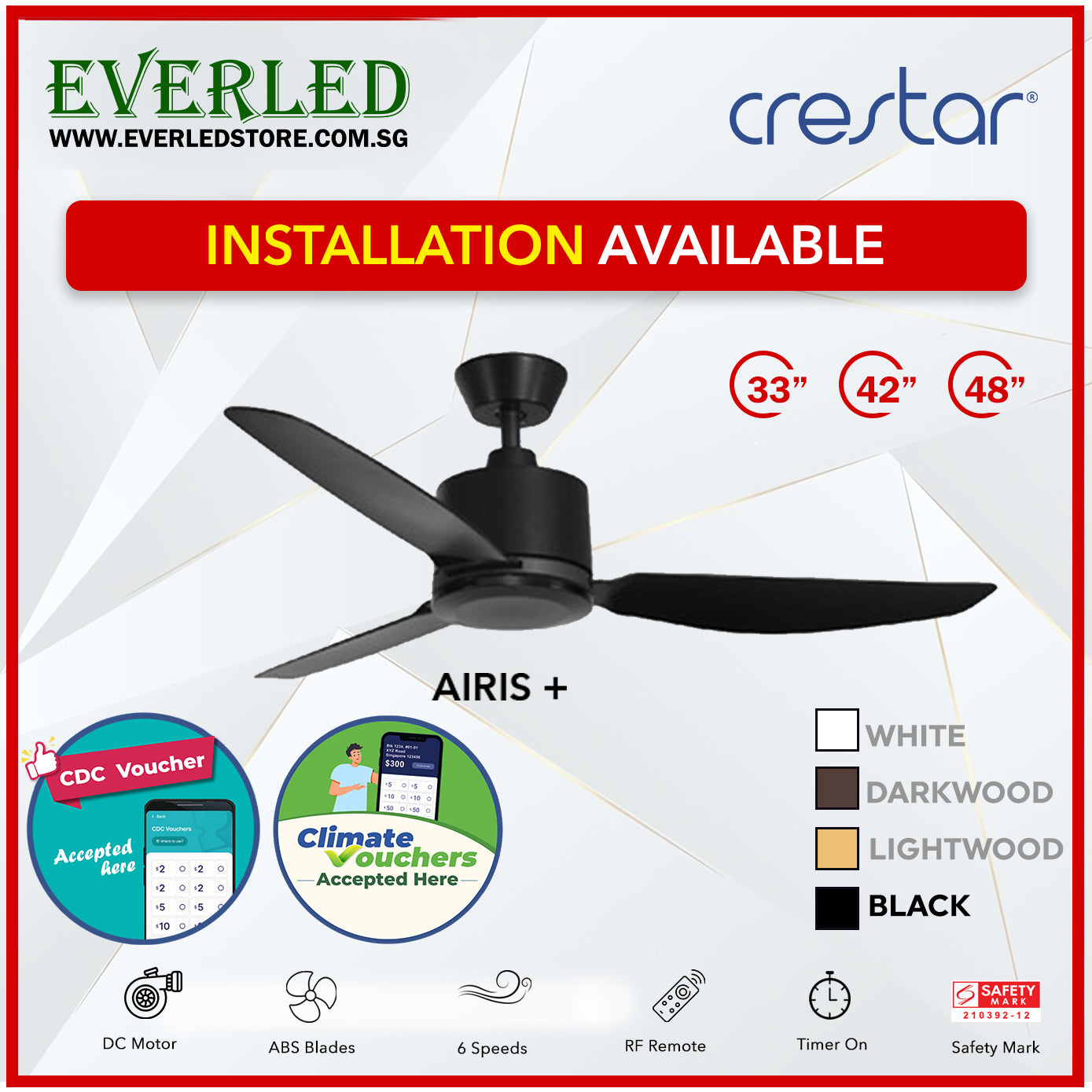 *STANDARD INSTALLATION* Crestar DC Airis+ 3B 33"/42"/48" - With / WO Light (Inverter DC Fan) *CDC & Climate Voucher Accepted In Showroom*