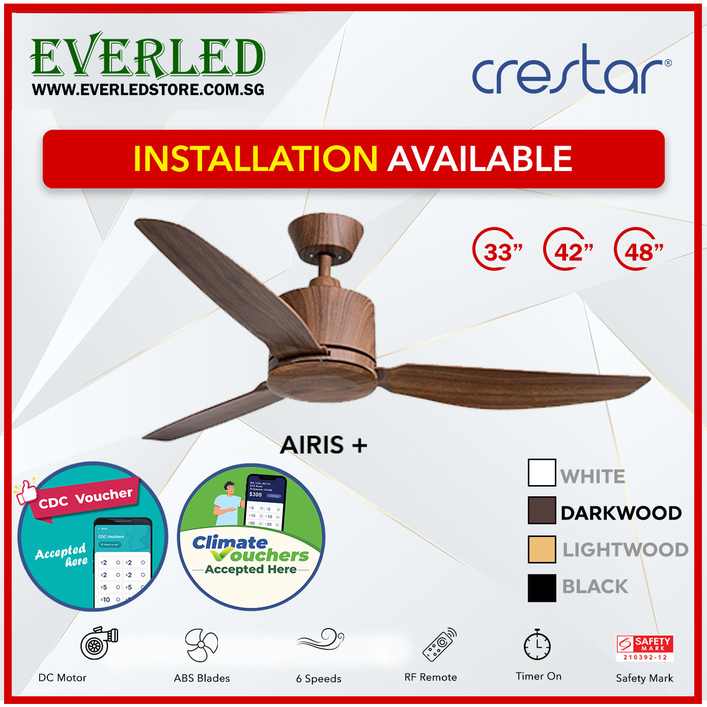 *STANDARD INSTALLATION* Crestar DC Airis+ 3B 33"/42"/48" - With / WO Light (Inverter DC Fan) *CDC & Climate Voucher Accepted In Showroom*