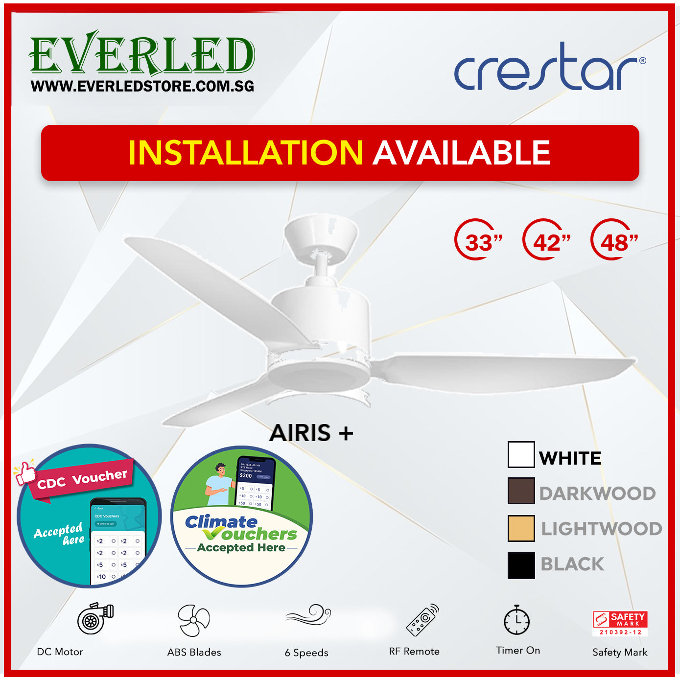 *STANDARD INSTALLATION* Crestar DC Airis+ 3B 33"/42"/48" - With / WO Light (Inverter DC Fan) *CDC & Climate Voucher Accepted In Showroom*