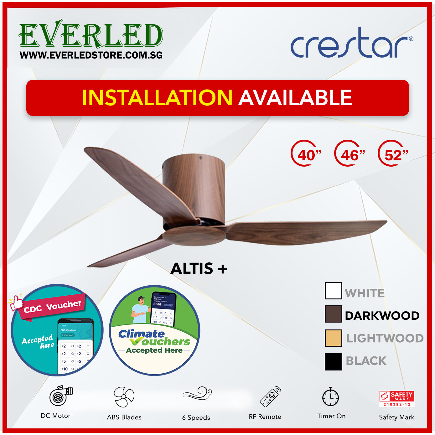 *STANDARD INSTALLATION* Crestar DC Altis+ 3B 40"/46"/52" - With / WO Light (Inverter DC Fan) *CDC & Climate Voucher Accepted In Showroom*
