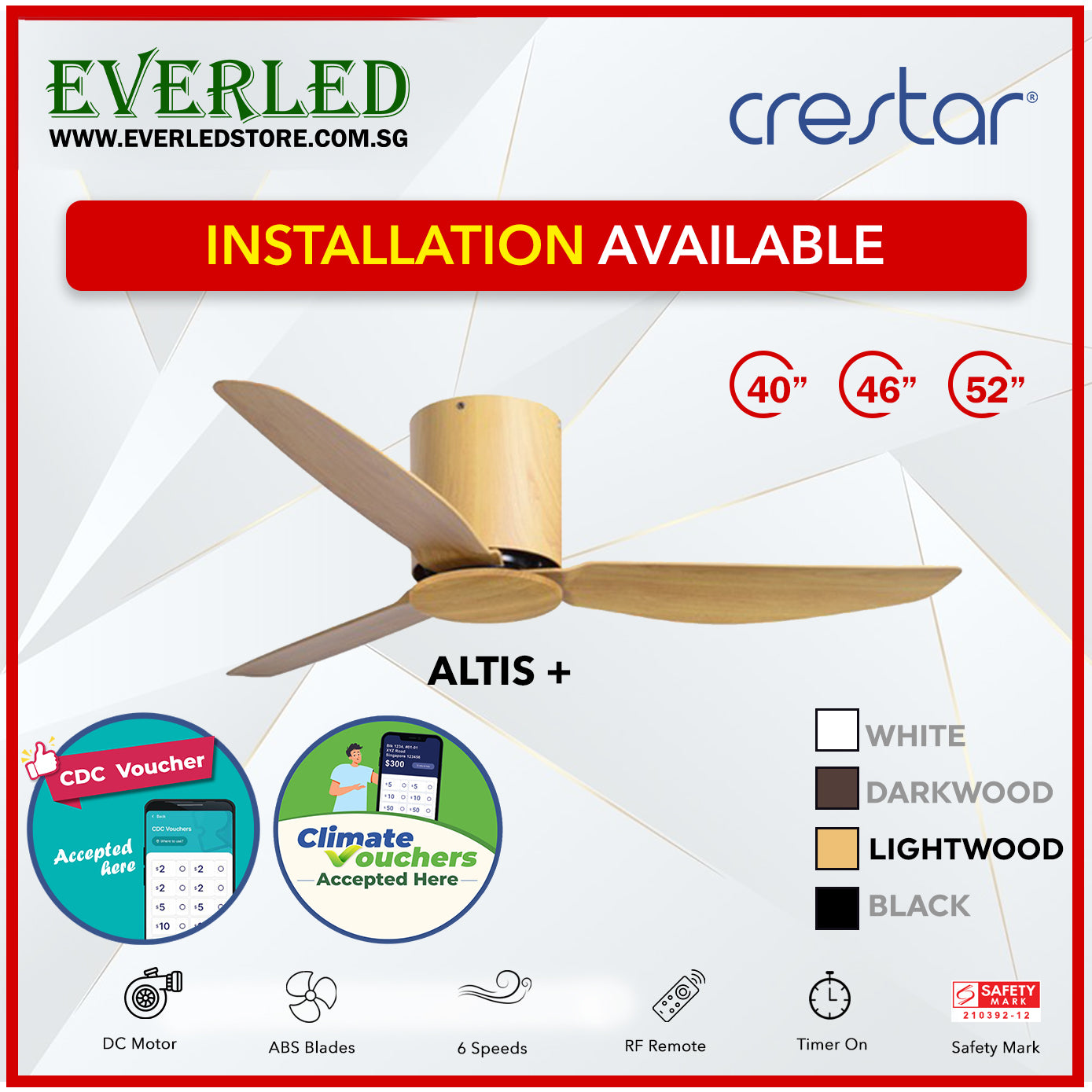 *STANDARD INSTALLATION* Crestar DC Altis+ 3B 40"/46"/52" - With / WO Light (Inverter DC Fan) *CDC & Climate Voucher Accepted In Showroom*