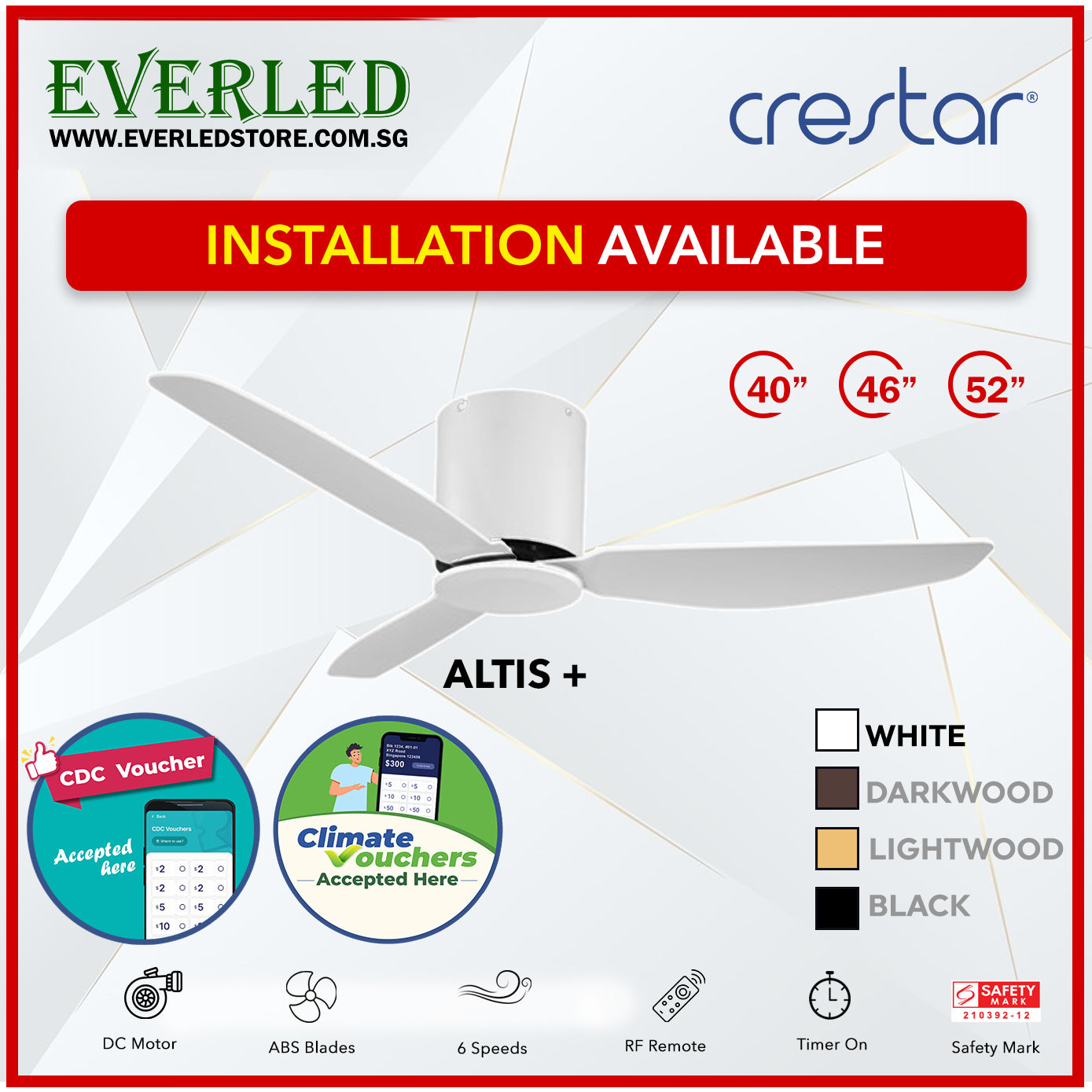 *STANDARD INSTALLATION* Crestar DC Altis+ 3B 40"/46"/52" - With / WO Light (Inverter DC Fan) *CDC & Climate Voucher Accepted In Showroom*
