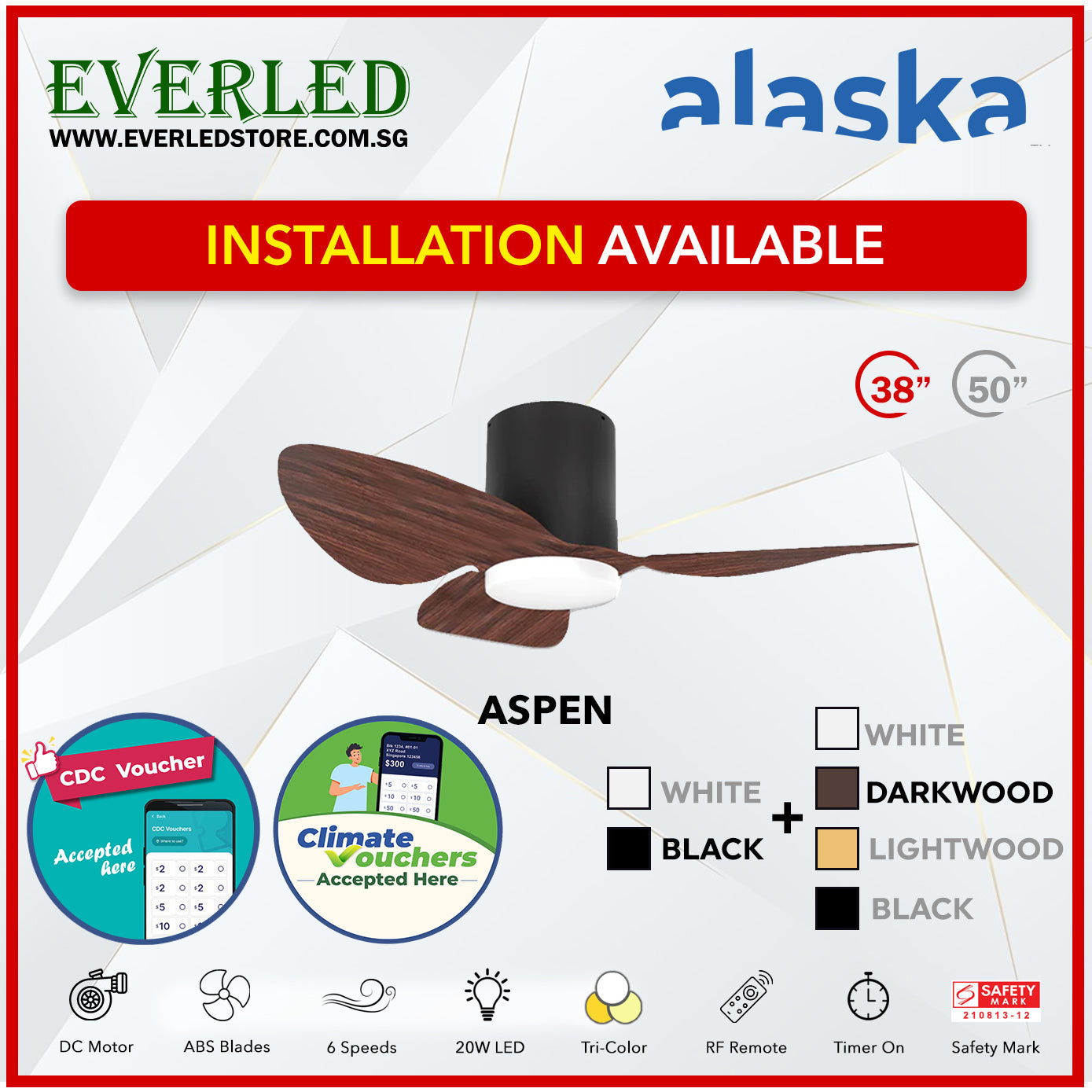 *STANDARD INSTALLATION* Alaska DC Aspen III 38"/50" (Inverter DC Fan) with Samsung dimmable light kit *CDC & Climate Voucher Accected In Showroom*