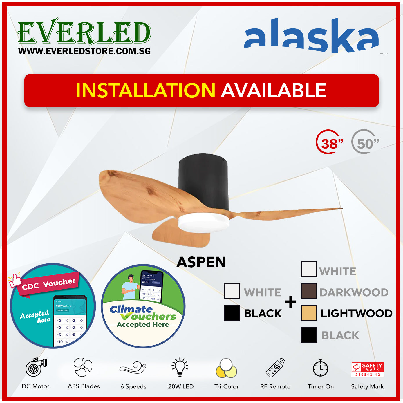 *STANDARD INSTALLATION* Alaska DC Aspen III 38"/50" (Inverter DC Fan) with Samsung dimmable light kit *CDC & Climate Voucher Accected In Showroom*