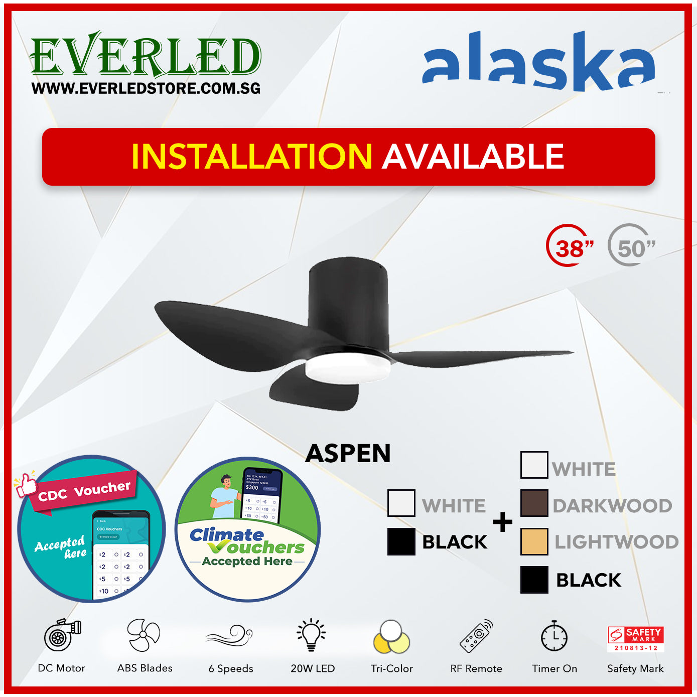 *STANDARD INSTALLATION* Alaska DC Aspen III 38"/50" (Inverter DC Fan) with Samsung dimmable light kit *CDC & Climate Voucher Accected In Showroom*