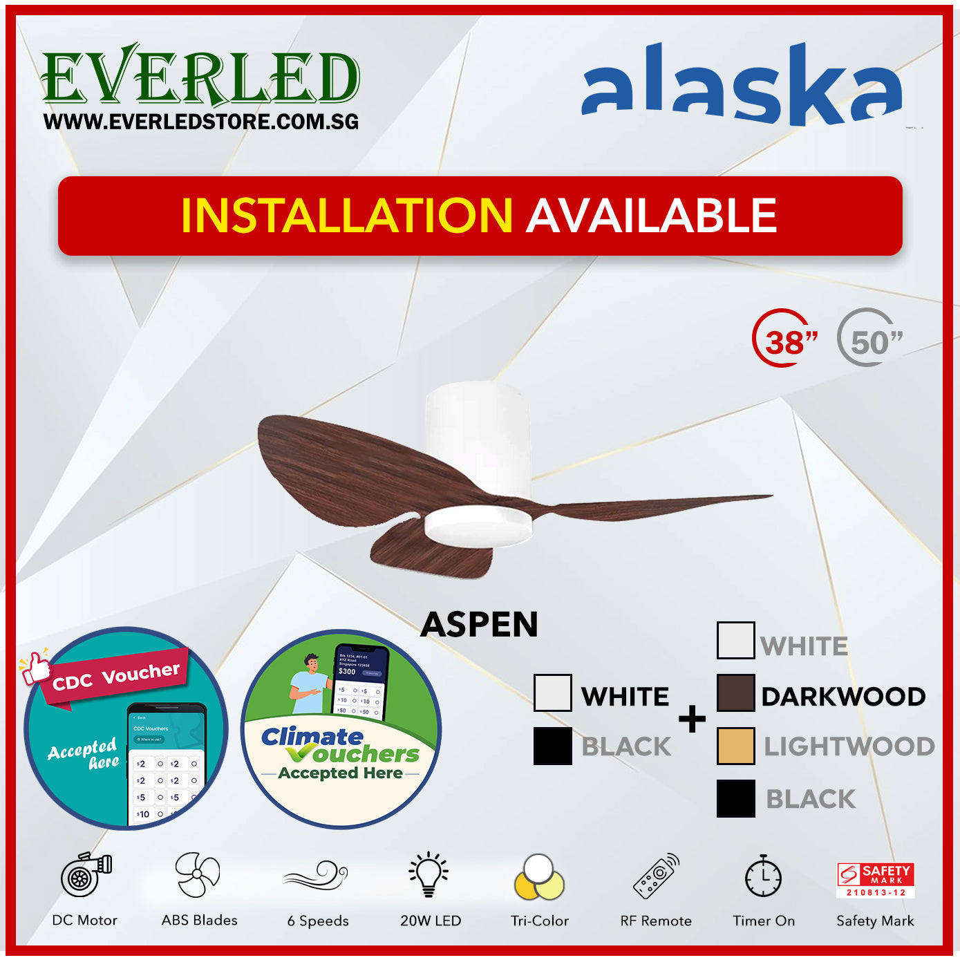 *STANDARD INSTALLATION* Alaska DC Aspen III 38"/50" (Inverter DC Fan) with Samsung dimmable light kit *CDC & Climate Voucher Accected In Showroom*