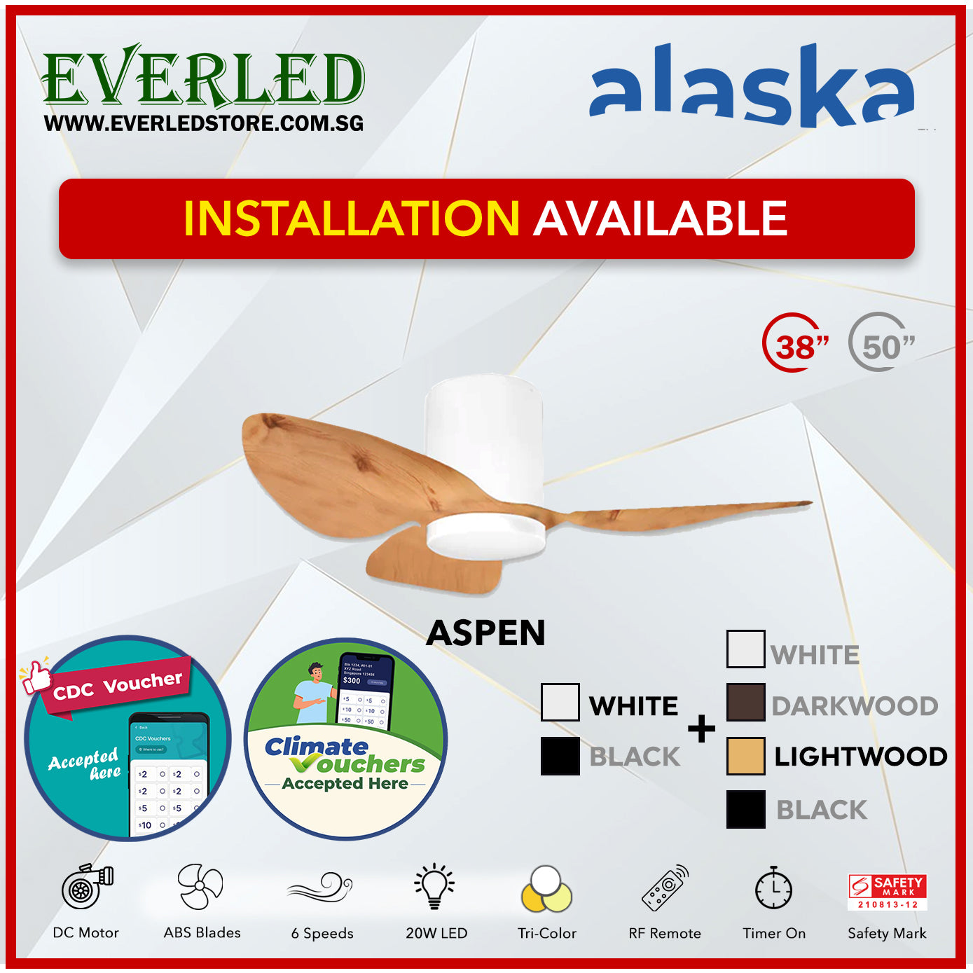 *STANDARD INSTALLATION* Alaska DC Aspen III 38"/50" (Inverter DC Fan) with Samsung dimmable light kit *CDC & Climate Voucher Accected In Showroom*