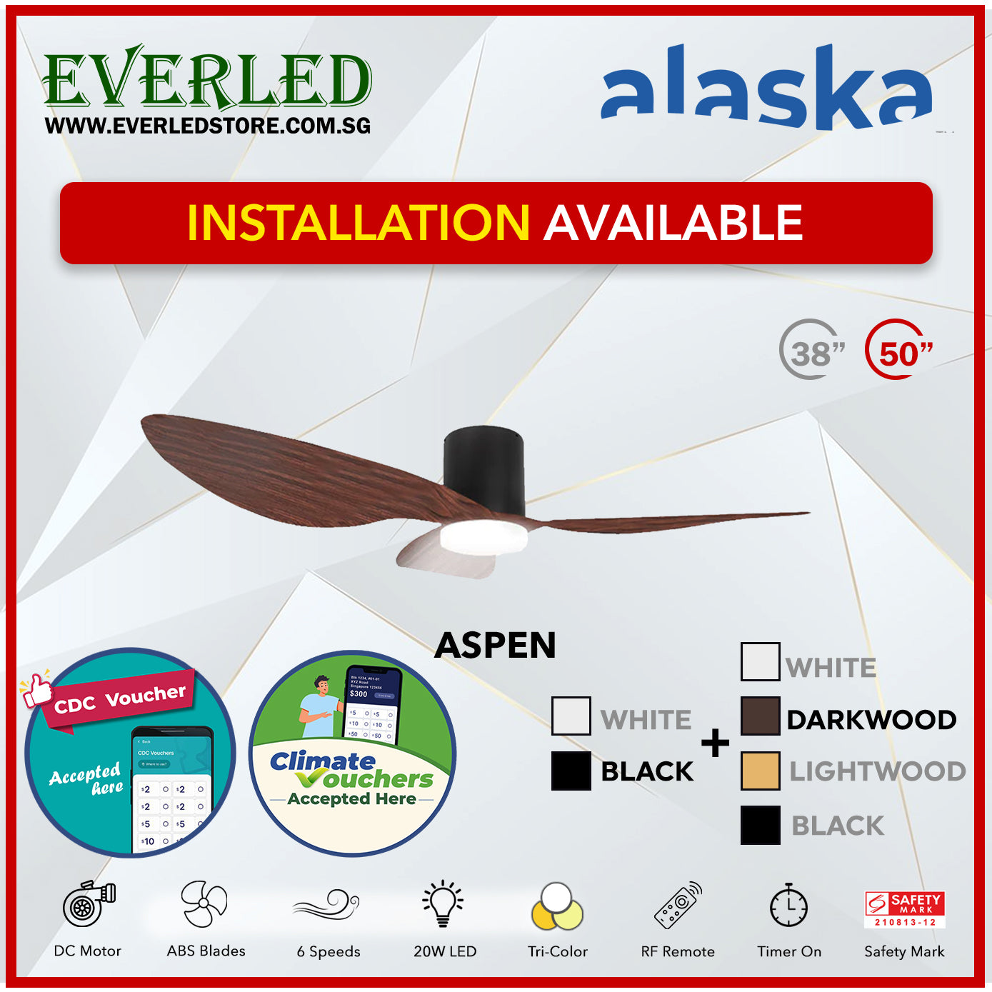 *STANDARD INSTALLATION* Alaska DC Aspen III 38"/50" (Inverter DC Fan) with Samsung dimmable light kit *CDC & Climate Voucher Accected In Showroom*