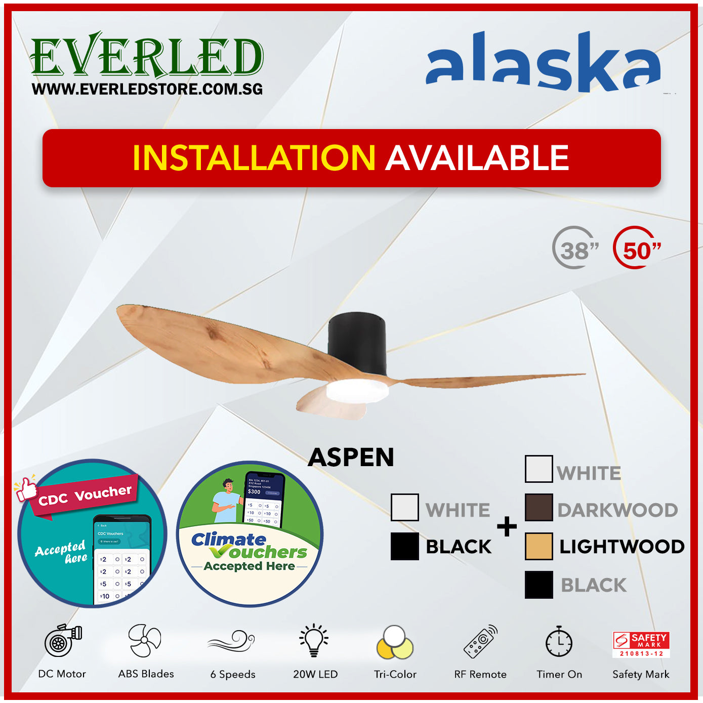 *STANDARD INSTALLATION* Alaska DC Aspen III 38"/50" (Inverter DC Fan) with Samsung dimmable light kit *CDC & Climate Voucher Accected In Showroom*