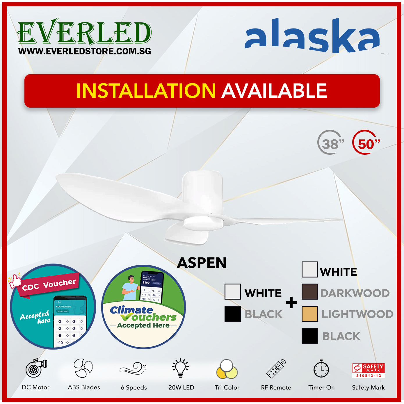 *STANDARD INSTALLATION* Alaska DC Aspen III 38"/50" (Inverter DC Fan) with Samsung dimmable light kit *CDC & Climate Voucher Accected In Showroom*