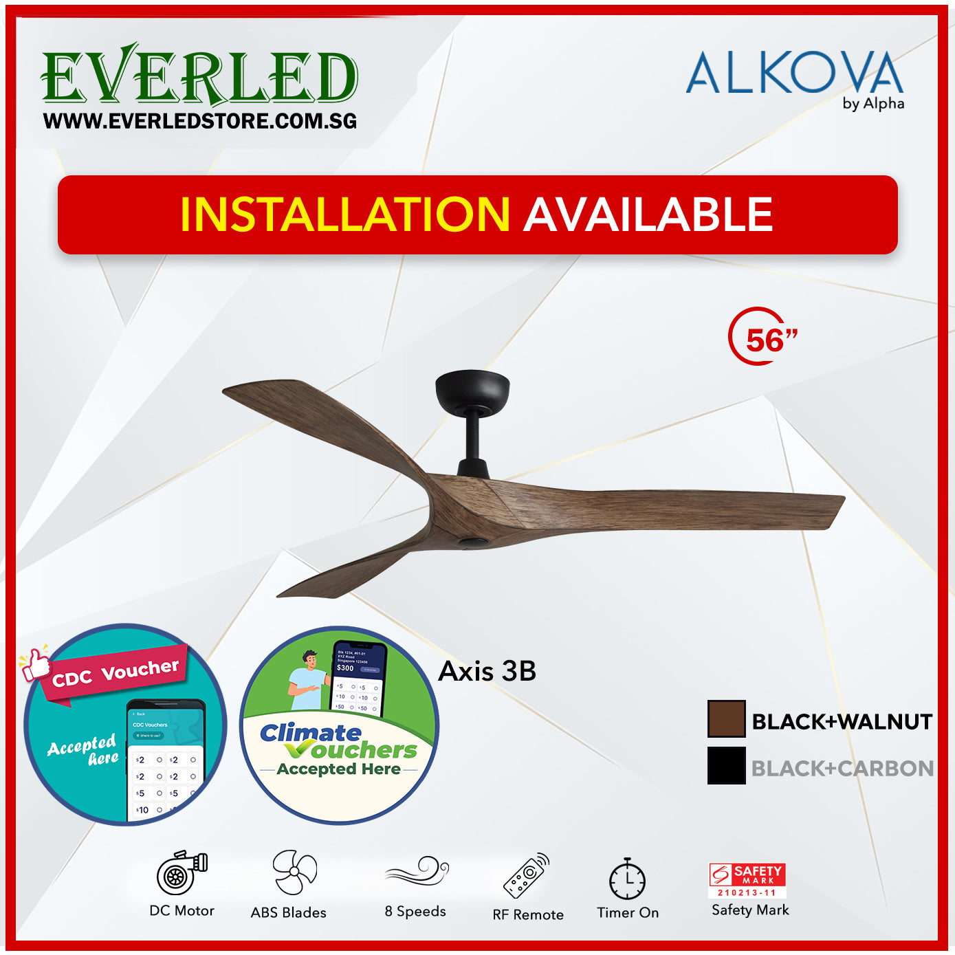 *STANDARD INSTALLATION* Alpha Fan Alkova Axis 3B 56 inch 3 Blades (No LED) *CDC & Climate Voucher Accepted In Showroom*