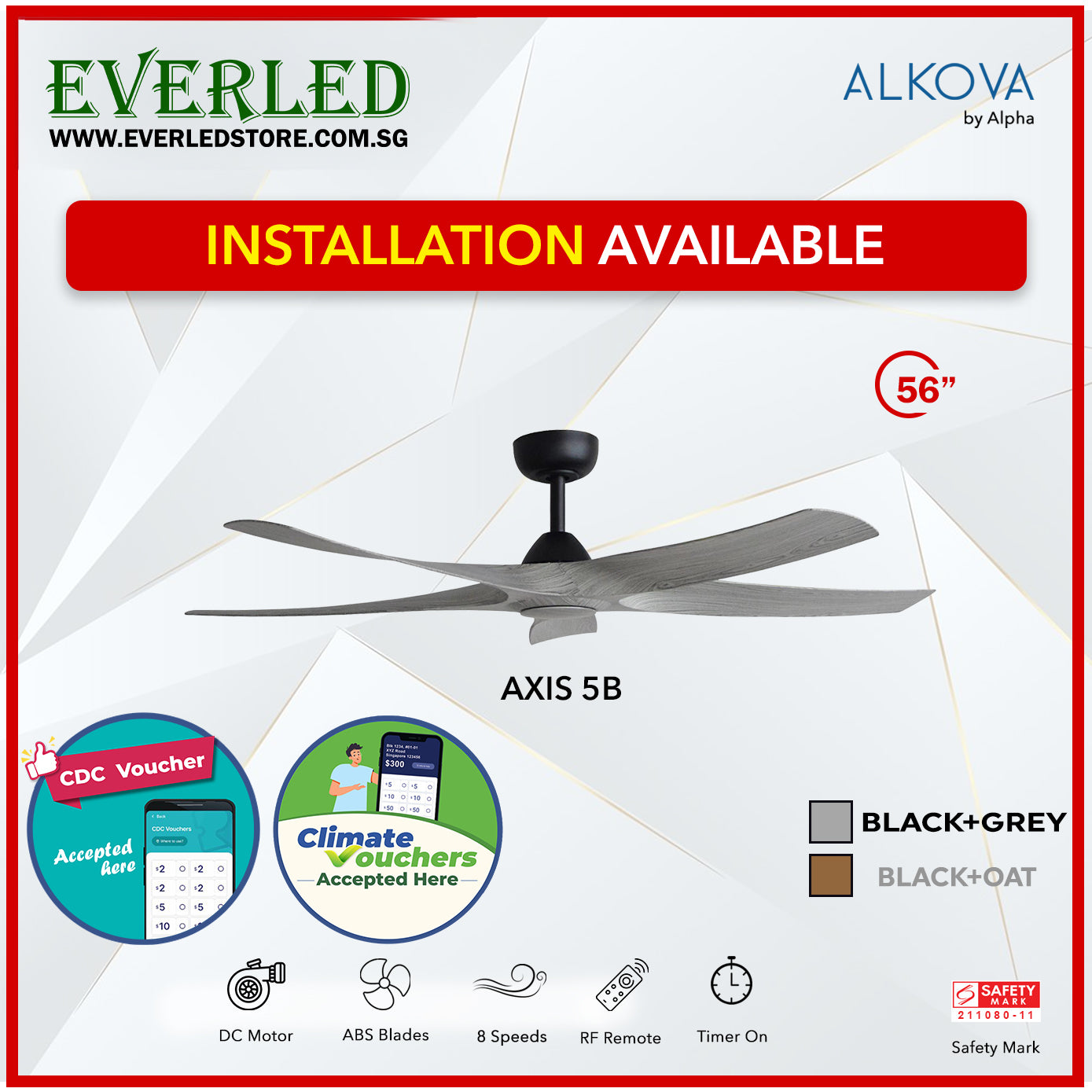 *STANDARD INSTALLATION* Alpha Fan Alkova Axis 5B 56 inch 5 Blades (No LED) *CDC & Climate Voucher Accepted In Showroom*