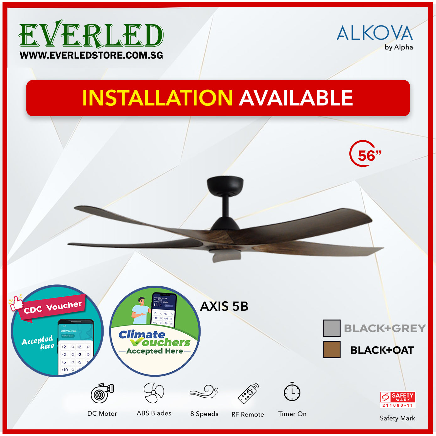 *STANDARD INSTALLATION* Alpha Fan Alkova Axis 5B 56 inch 5 Blades (No LED) *CDC & Climate Voucher Accepted In Showroom*