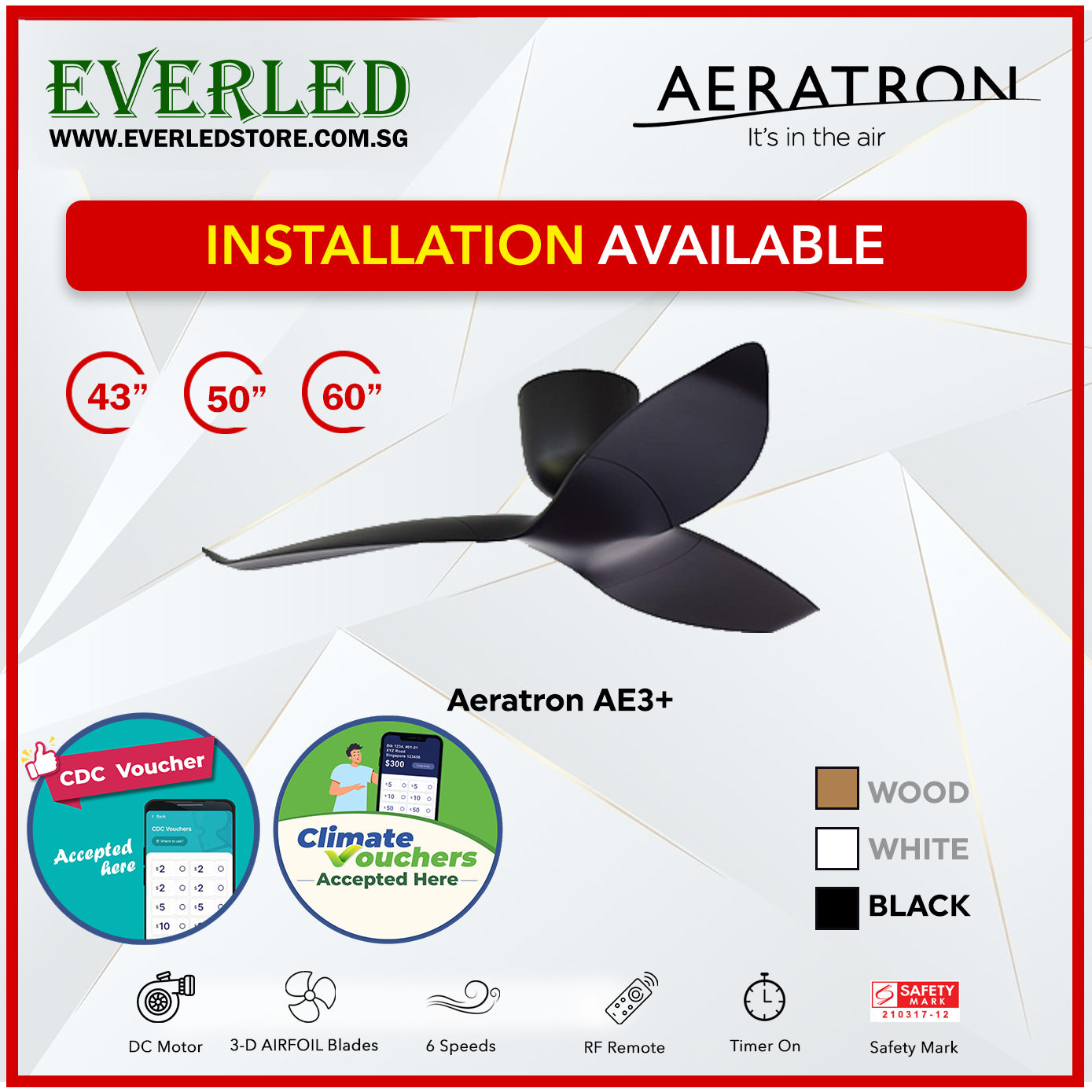Aerartron AE3+ DC 3 Blades 43"/50"/60" (WIFI & LED light Optional) *CDC & Climate Voucher Accepted In Showroom*