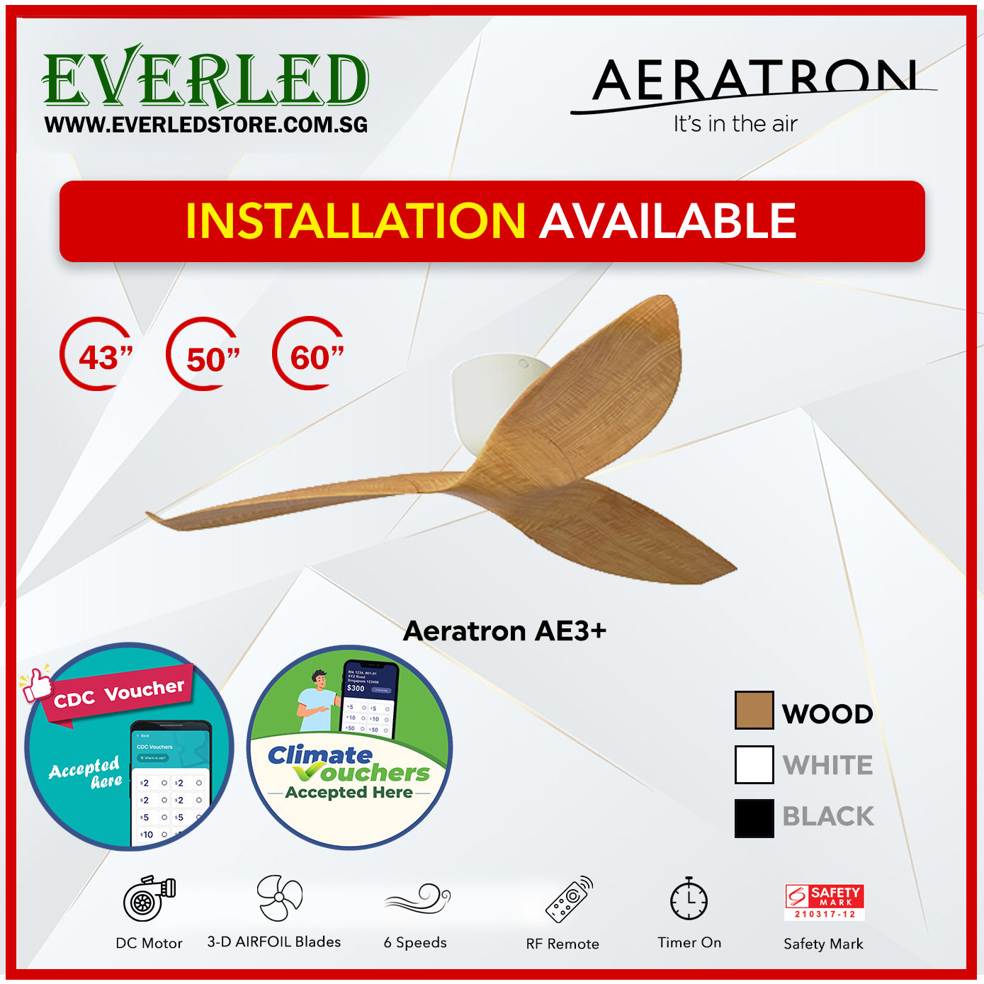 Aerartron AE3+ DC 3 Blades 43"/50"/60" (WIFI & LED light Optional) *CDC & Climate Voucher Accepted In Showroom*