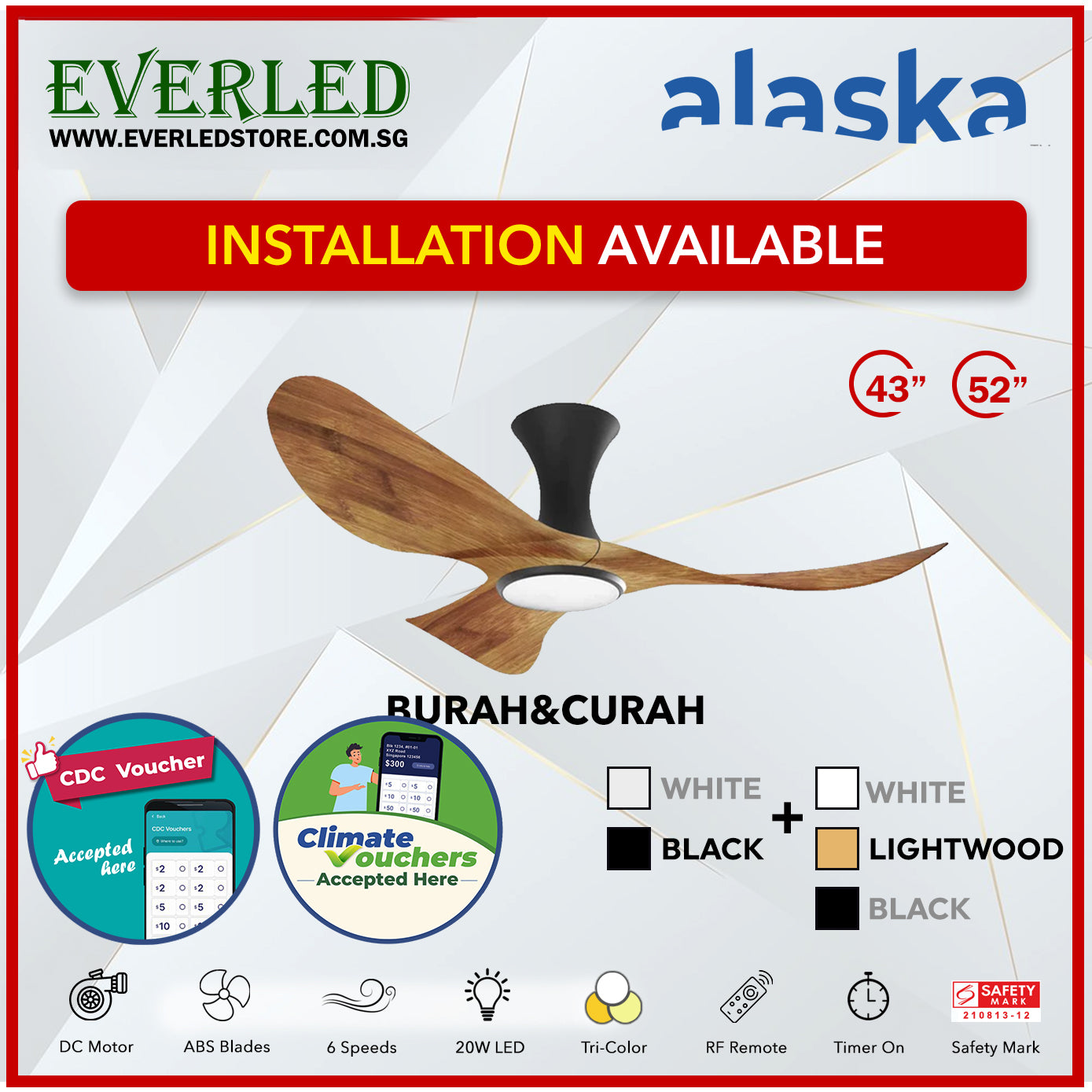 *STANDARD INSTALLATION* *ASK FOR BEST PRICE* Alaska SMART DC Cura / Curah 52" (Inverter DC Fan) with Samsung dimmable light kit *CDC & Climate Voucher Accepted In Showroom*
