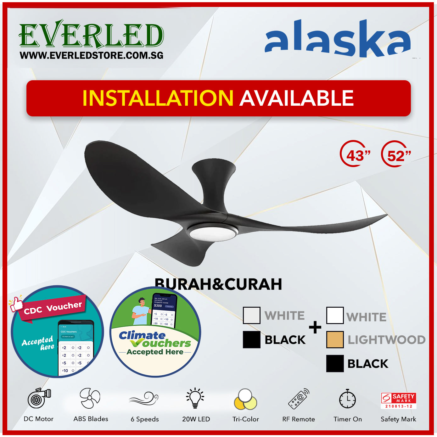 *STANDARD INSTALLATION* *ASK FOR BEST PRICE* Alaska SMART DC Cura / Curah 52" (Inverter DC Fan) with Samsung dimmable light kit *CDC & Climate Voucher Accepted In Showroom*